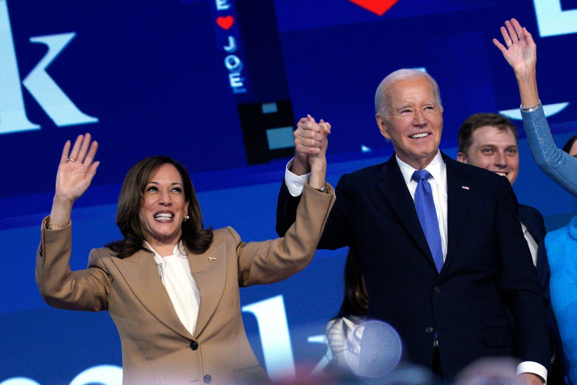 US President Joe Biden with Democratic presidential candidate and Vice-President Kamala Harris during the Democratic National Convention in Chicago, 19-8-24