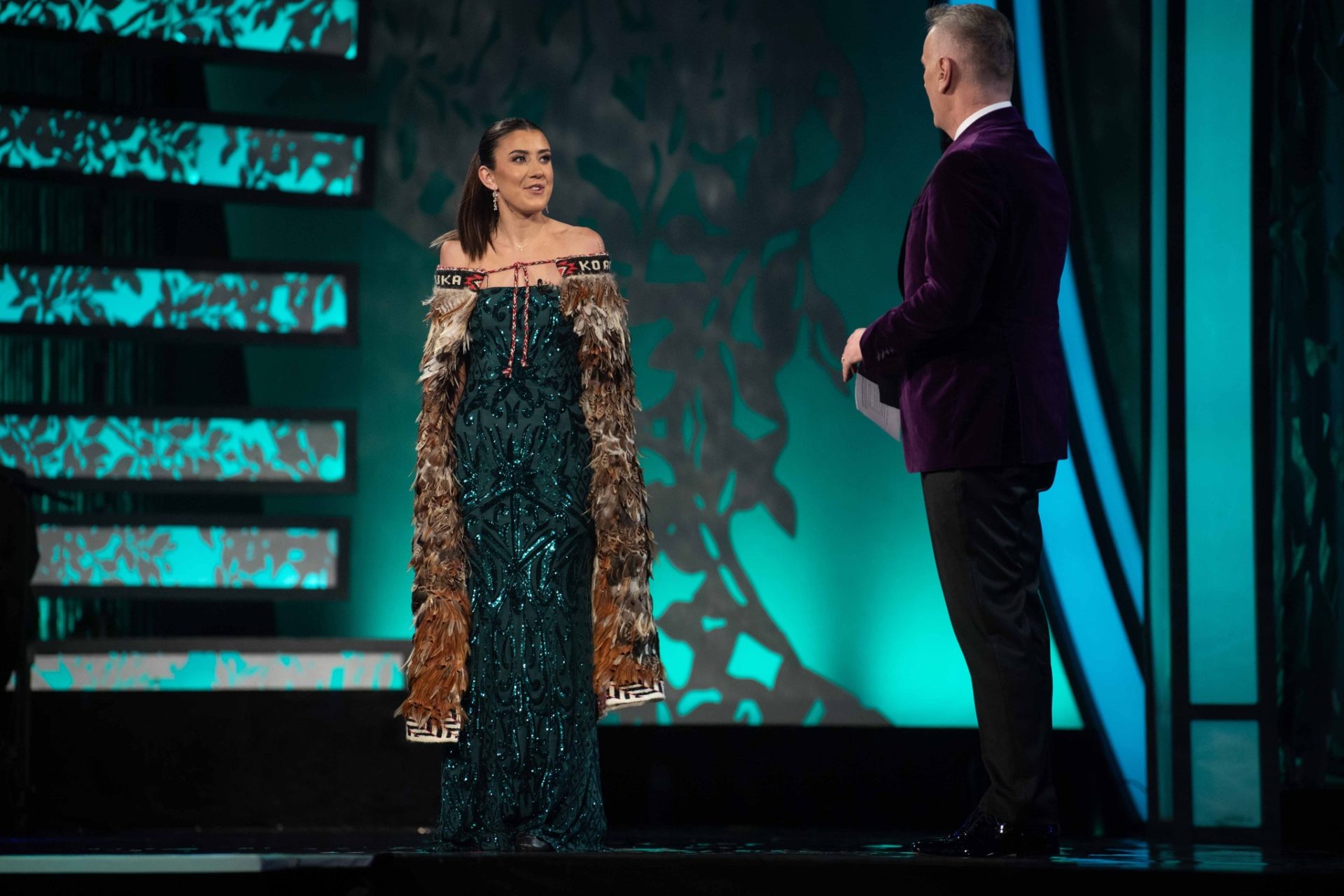 New Zealand Rose Keely O’Grady pictured on stage with Dáithí Ó’Sé during the 2024 Rose of Tralee International Festival, 19-8-24.