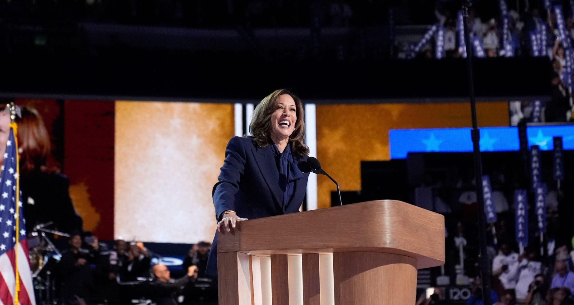 US Democratic presidential nominee Vice President Kamala Harris speaks during the Democratic National Convention in Chicago, 22-8-24