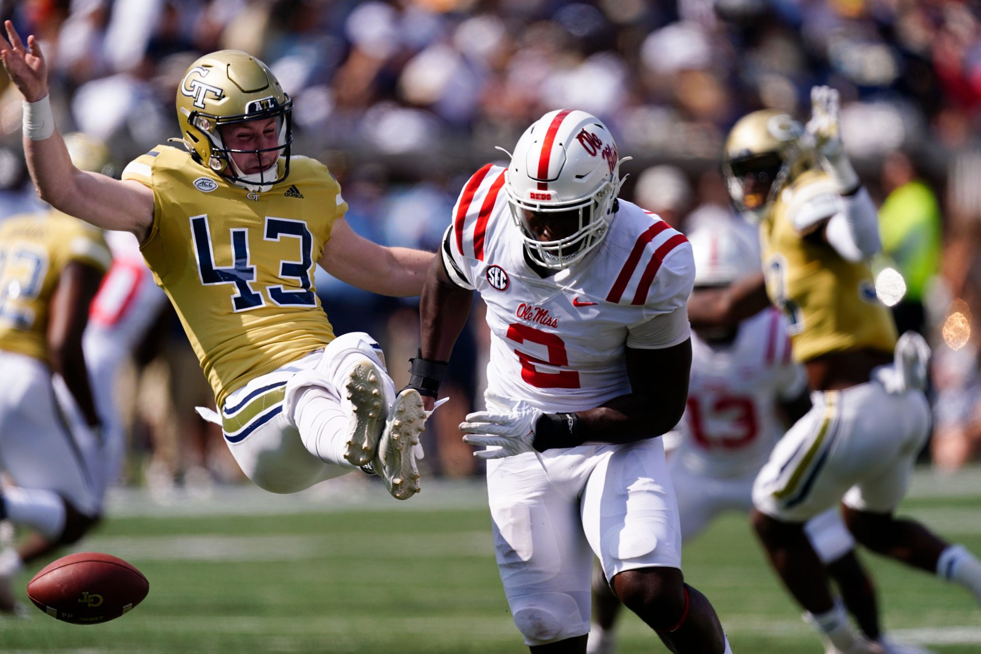 Georgia Tech punter David Shanahan (43) has his punt blocked by Mississippi's Cedric Johnson (2). Image: Associated Press / Alamy Stock Photo 