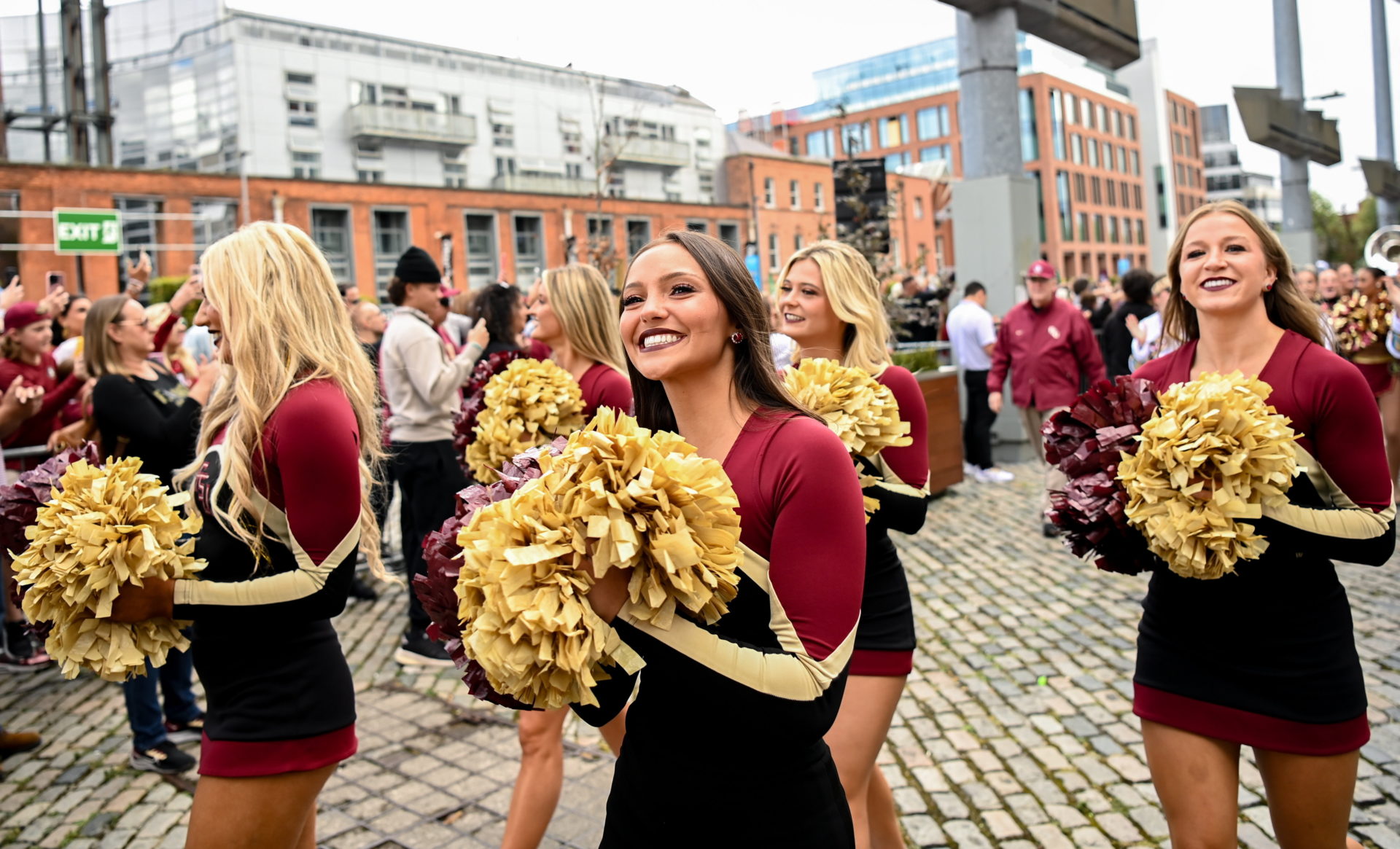 Florida State cheerleaders during a pep rally at Smithfield Square in Dublin, ahead of the 2024 Aer Lingus College Football Classic. Image: Sam Barnes/Sportsfile