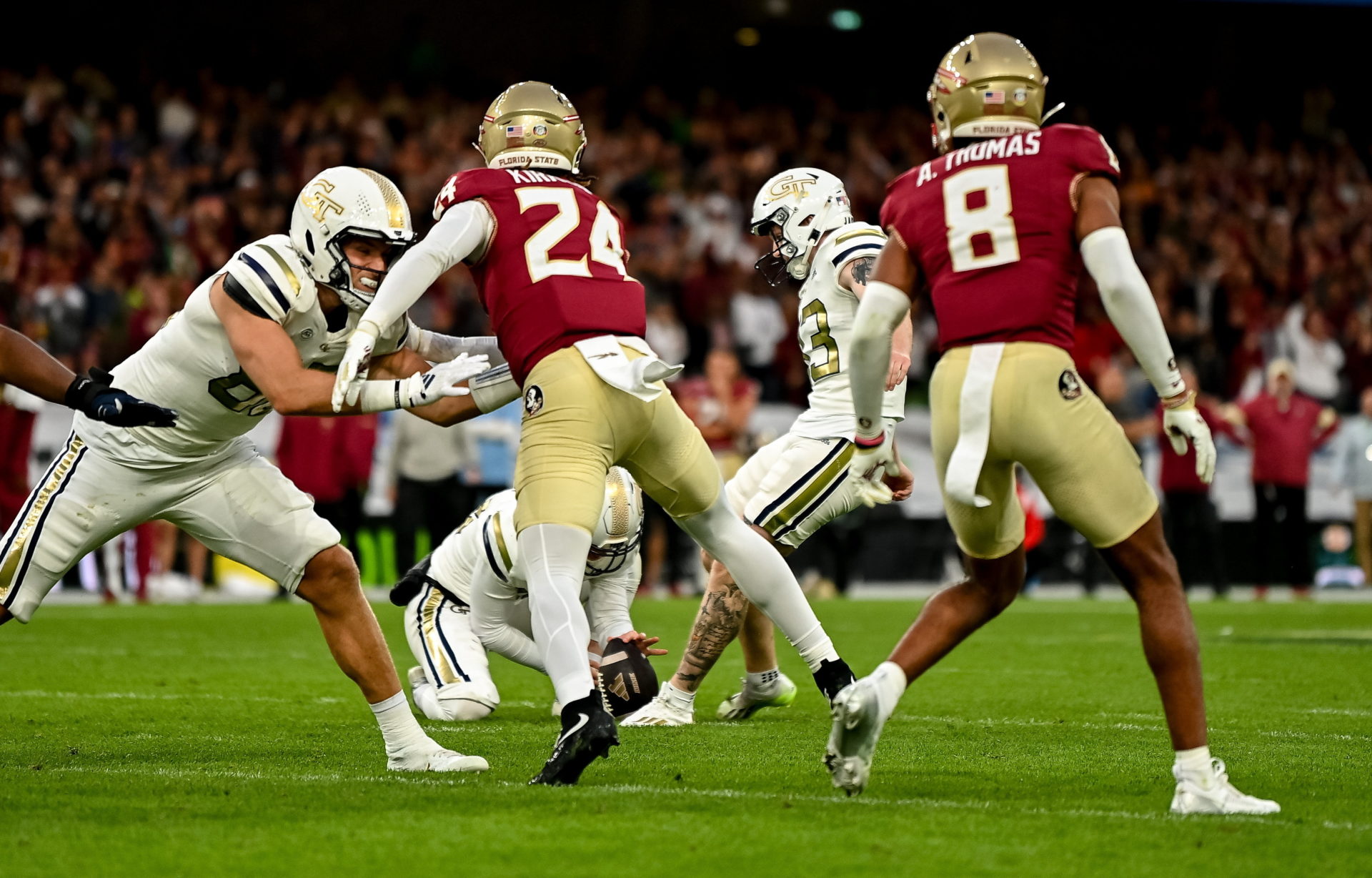 Georgia Tech Yellow Jackets kicker Aidan Birr kicks the match winning field goal during the 2024 Aer Lingus College Football Classic match between Florida State and Georgia Tech at Aviva Stadium in Dublin. Image: Brendan Moran/Sportsfile