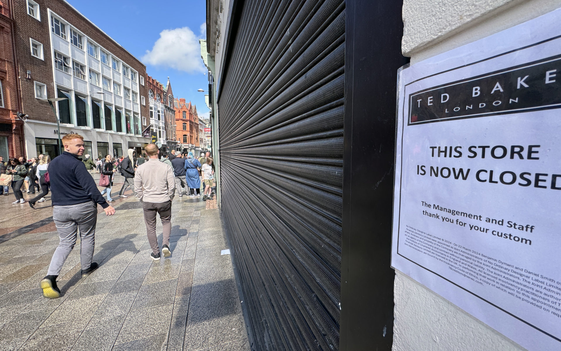 People walk past a closed Ted Baker in Dublin's Grafton Street, 20.8.24