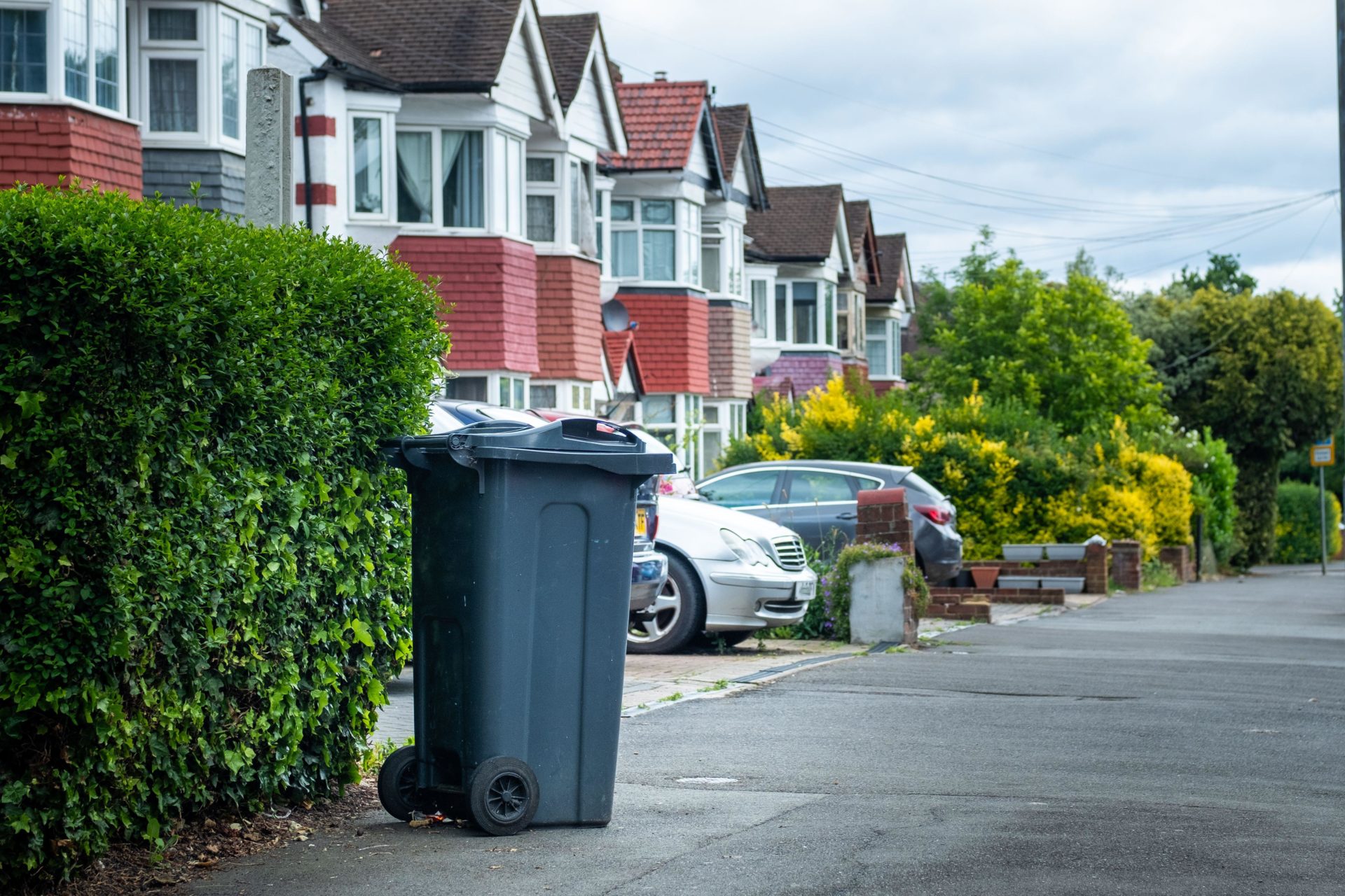 Recycle Black bin on a residential street. Image: William Barton / Alamy Stock Photo