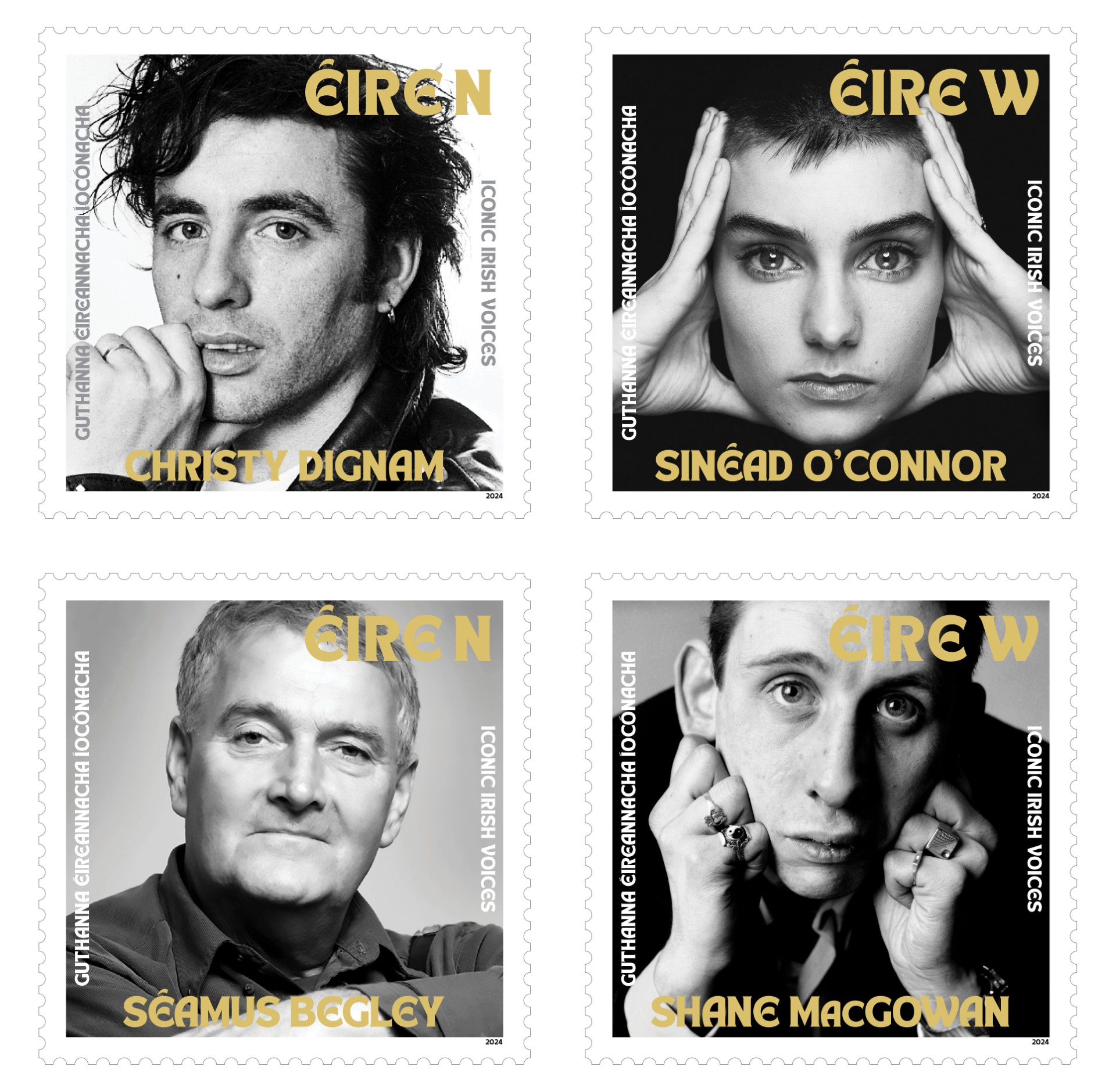 The four stamps honouring Irish musicians that have recently died