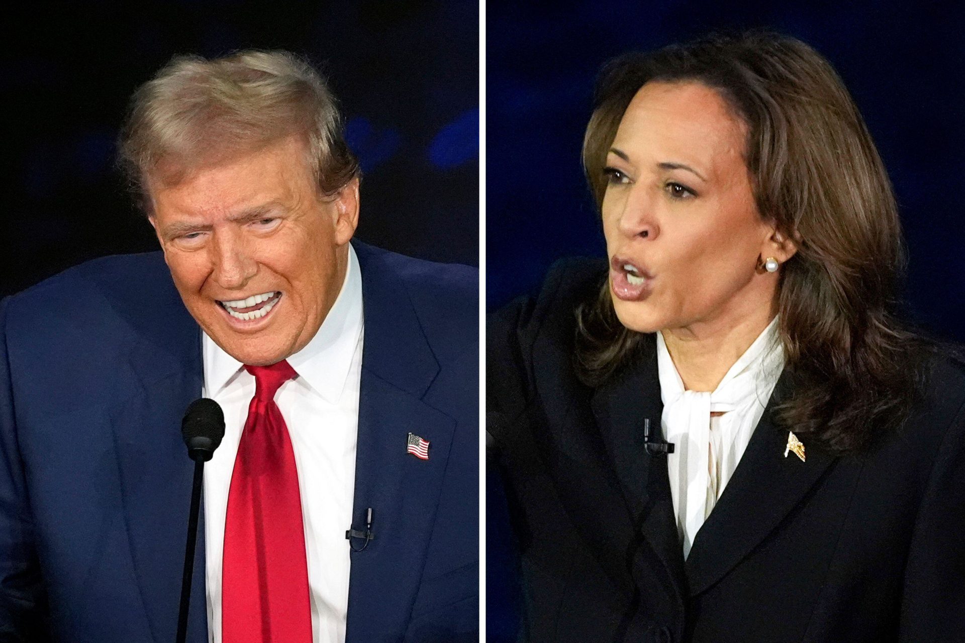 Split-screen image shows Republican presidential nominee Donald Trump (left) and Democratic presidential nominee Kamala Harris during an ABC News presidential debate in Philadelphia, 10-9-24. 