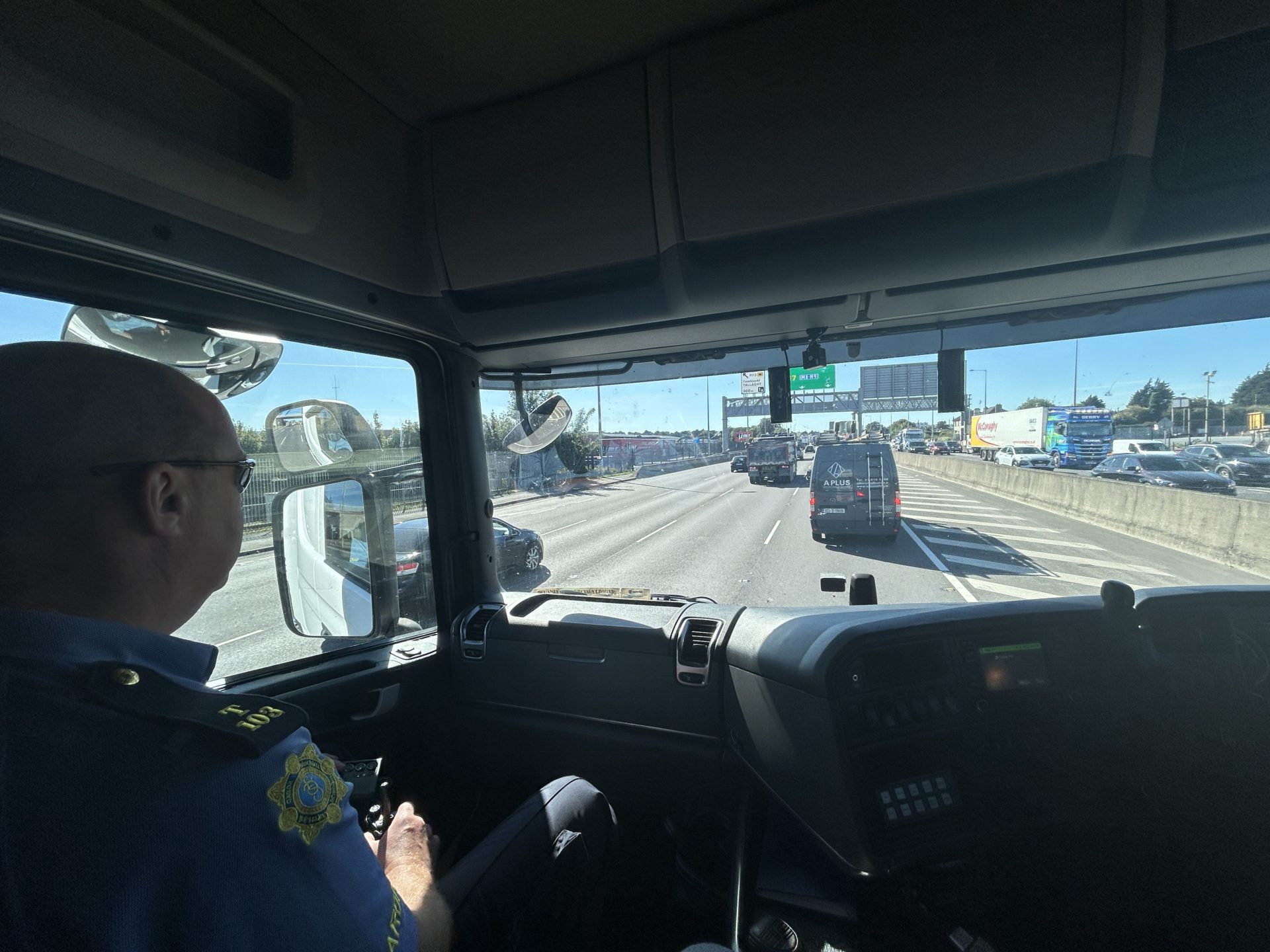 Garda Des Griffin observing traffic from the new lorry.