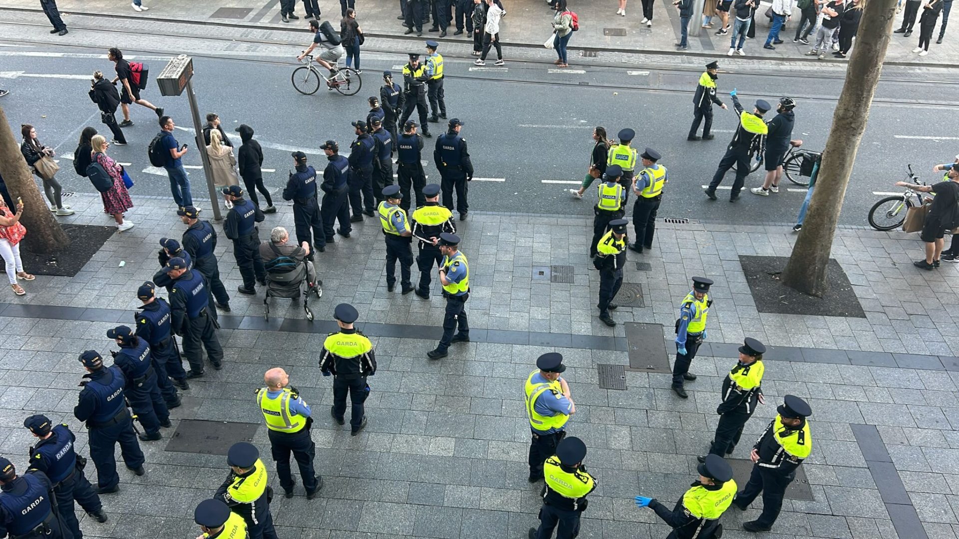 Gardaí at an anti-immigration protest on O'Connell Street.