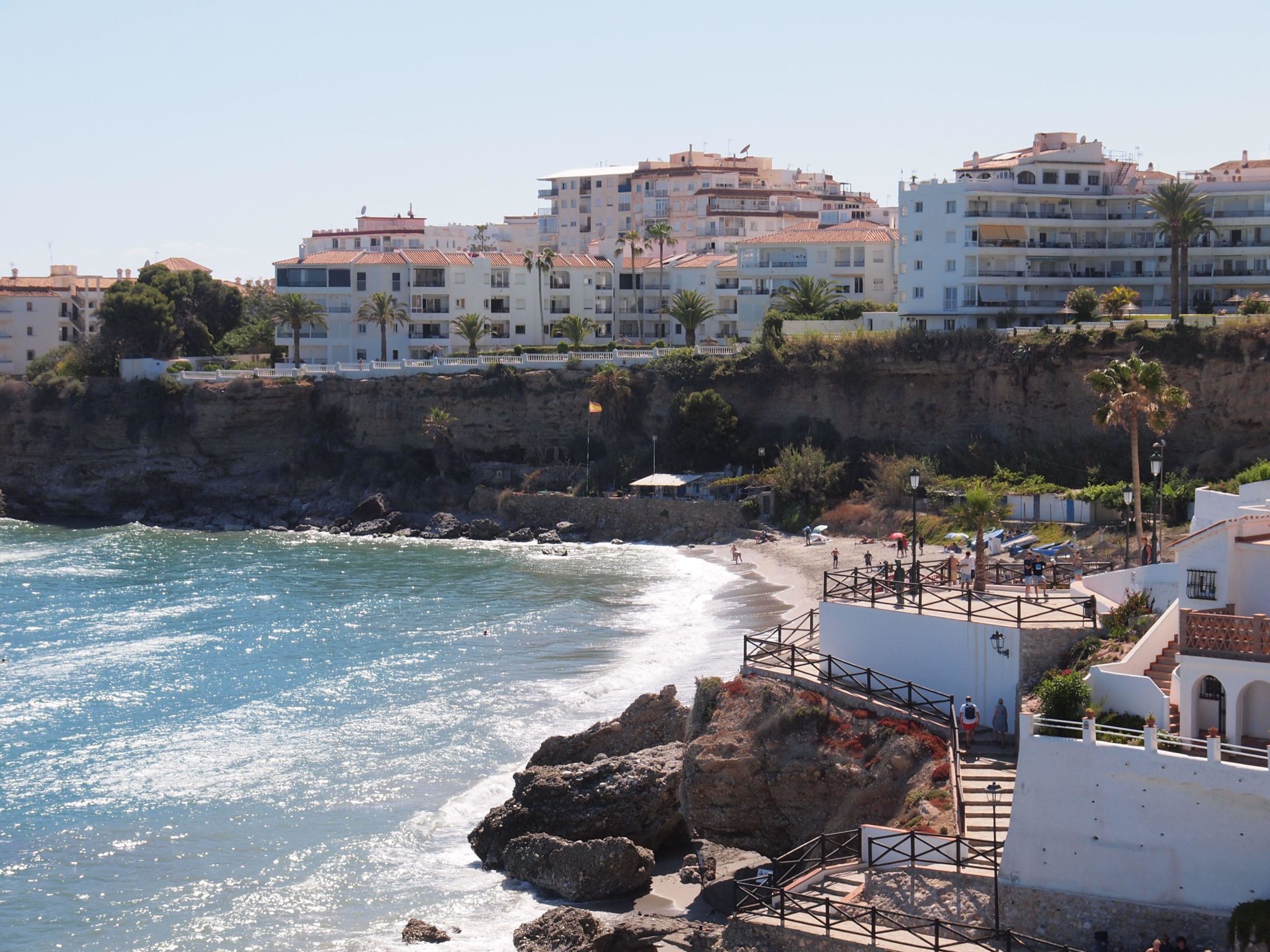 Main image shows the beachfront in the town of Nerja on Spain’s Costa Del Sol