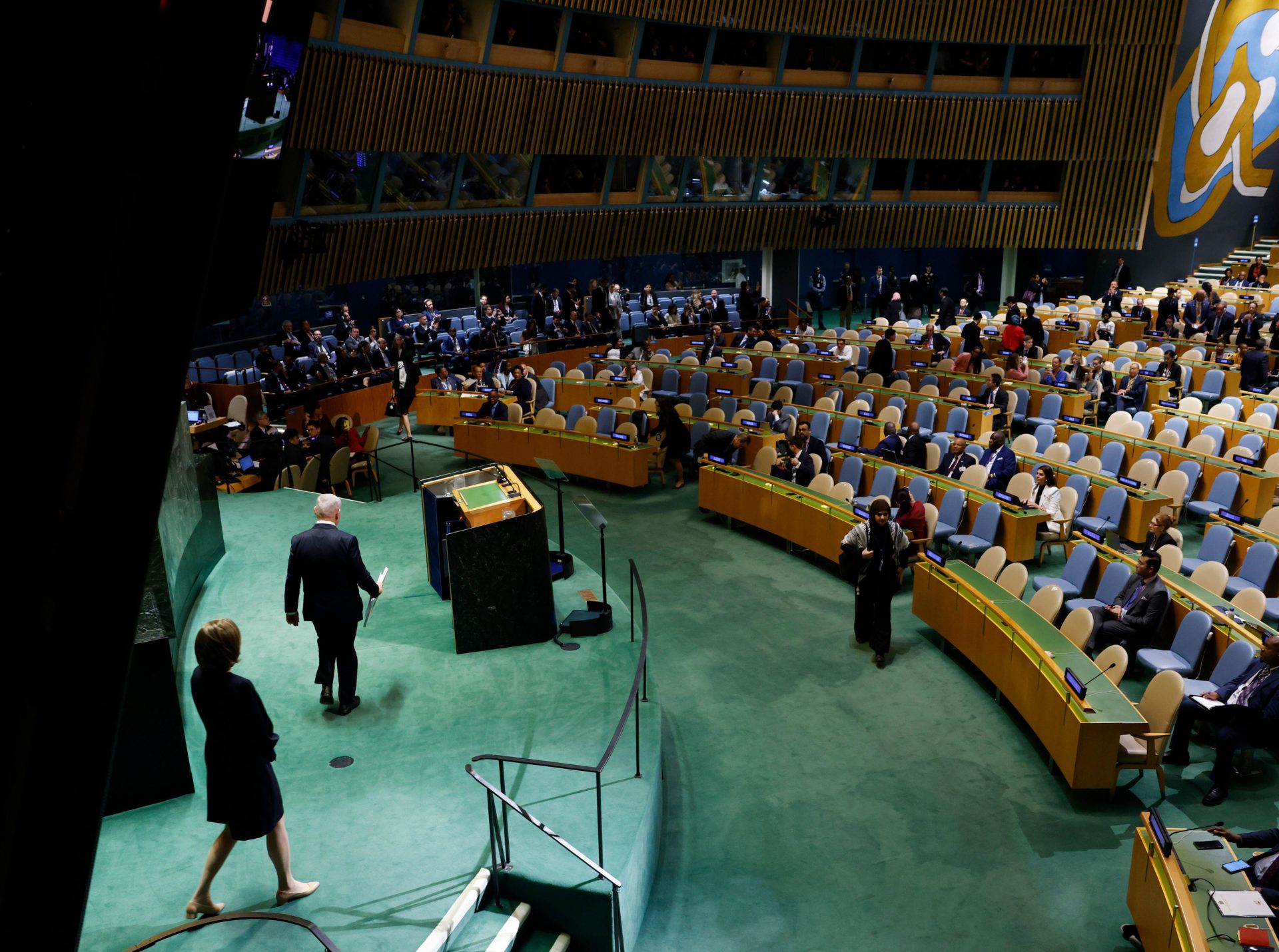 Israeli Prime Minister Benjamin Netanyahu prepares to speak at the UN General Assembly in New York with empty chairs visible after delegates walk out, 27-9-24