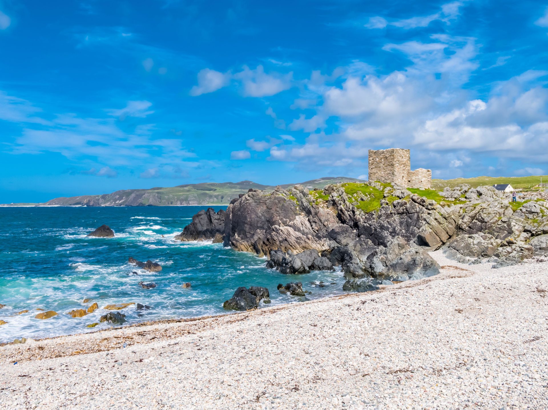 Main image shows a beach beside Carrickabraghy Castle on the Isle of Doagh, Inishowen, County Donegal