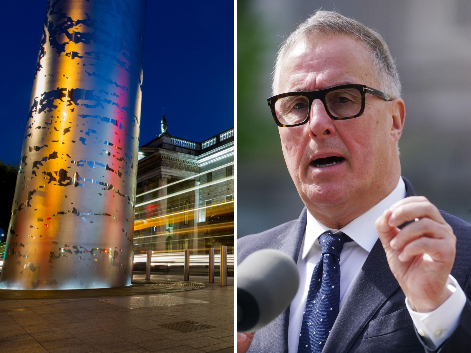 A splitscreen showing the spire in Dublin (L) and Dublin City Task Force Chair David McRedmond (R)