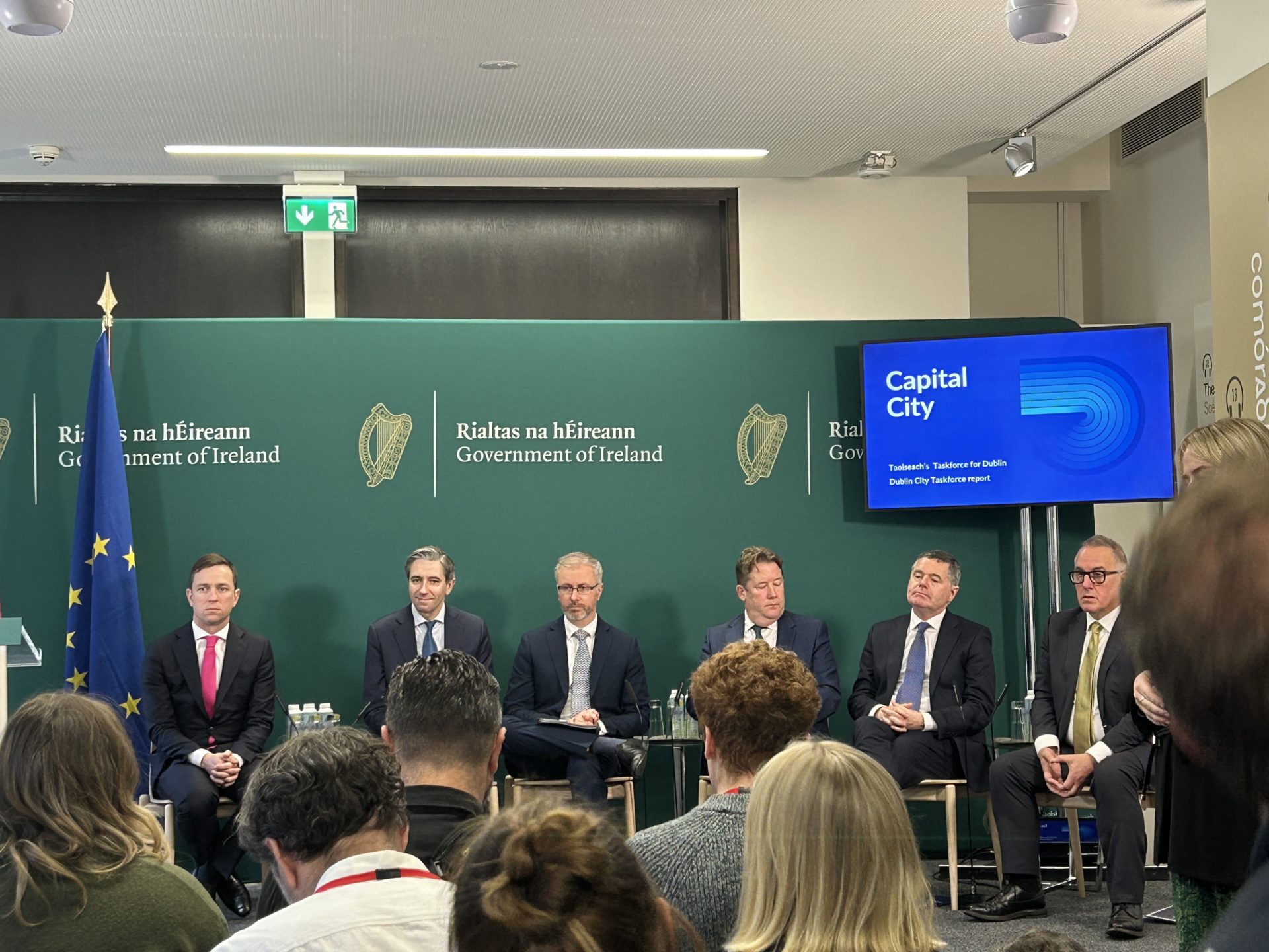 From left to right Dublin Lord Mayor James Geoghegan, Taoiseach Simon Harris, Green Party leader Roderic O’Gorman, Housing Minister Darragh O’Brien, Public Expenditure Minister Paschal Donohoe and Dublin City Taskforce Chair David McRedmond,