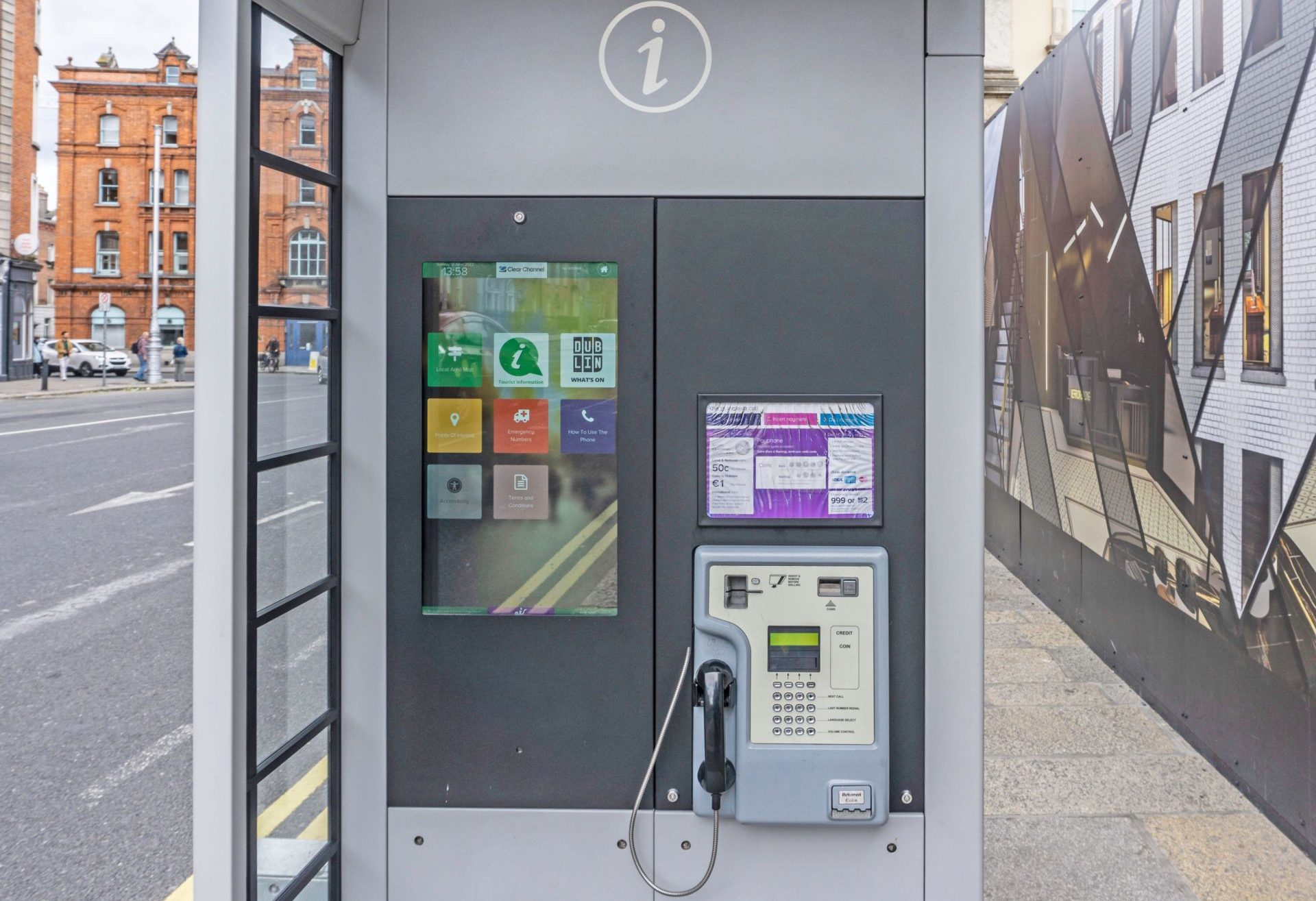 New digital phone boxes/kiosks from Eir are being installed in Dublin City. Known as Digital Pedestal with touch screens and information.