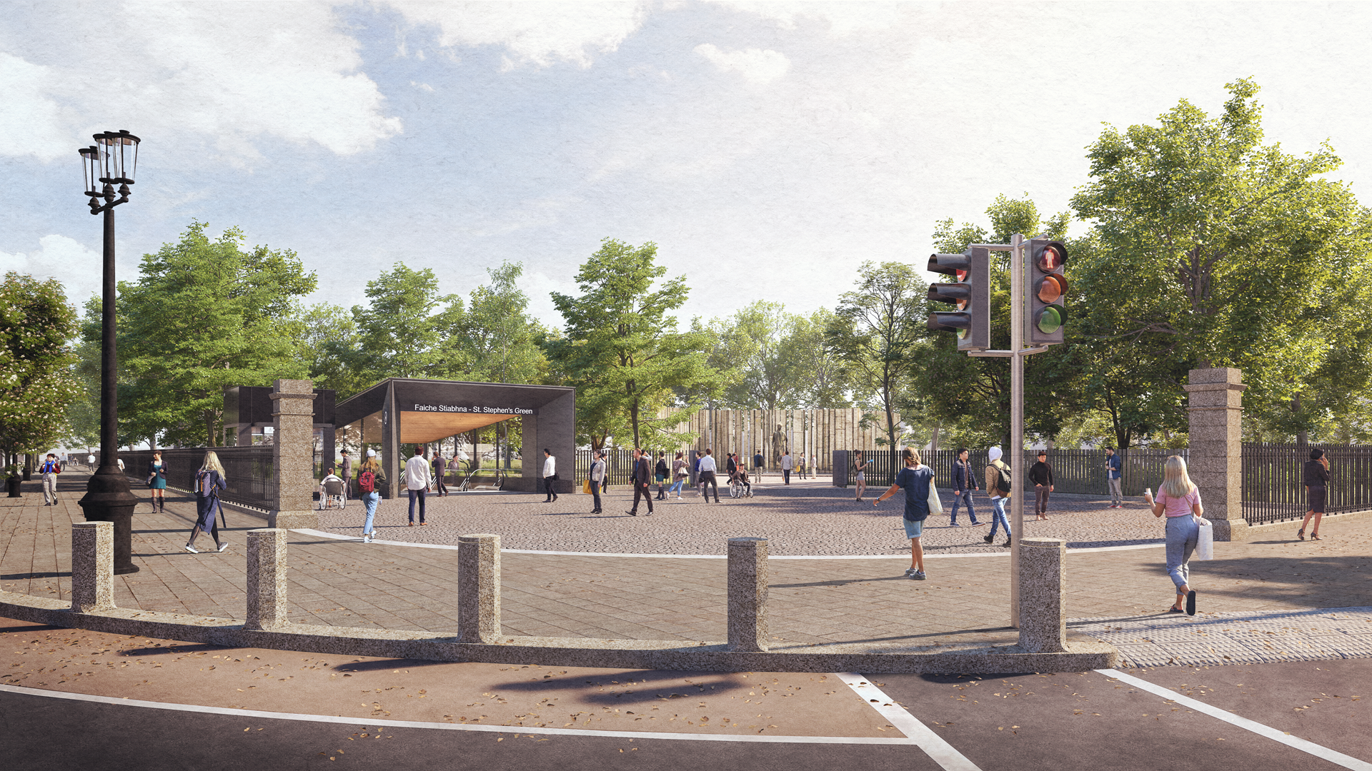 A digital mock-up of a Metrolink entrance at the front of St Stephen's Green Park in Dublin.