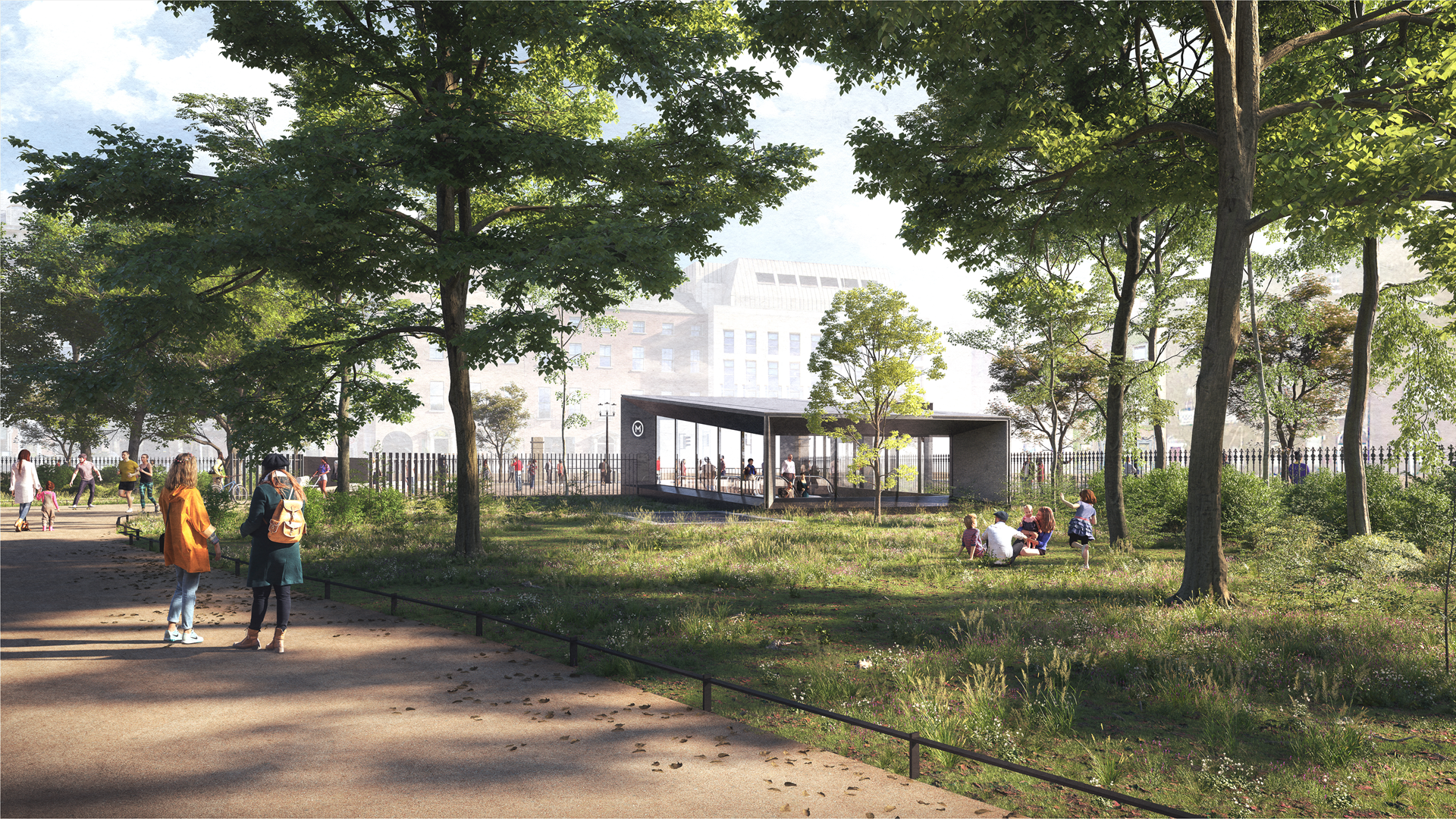 A second digital mock-up of a Metrolink entrance in St Stephen's Green park in Dublin, this time facing from inside the park.