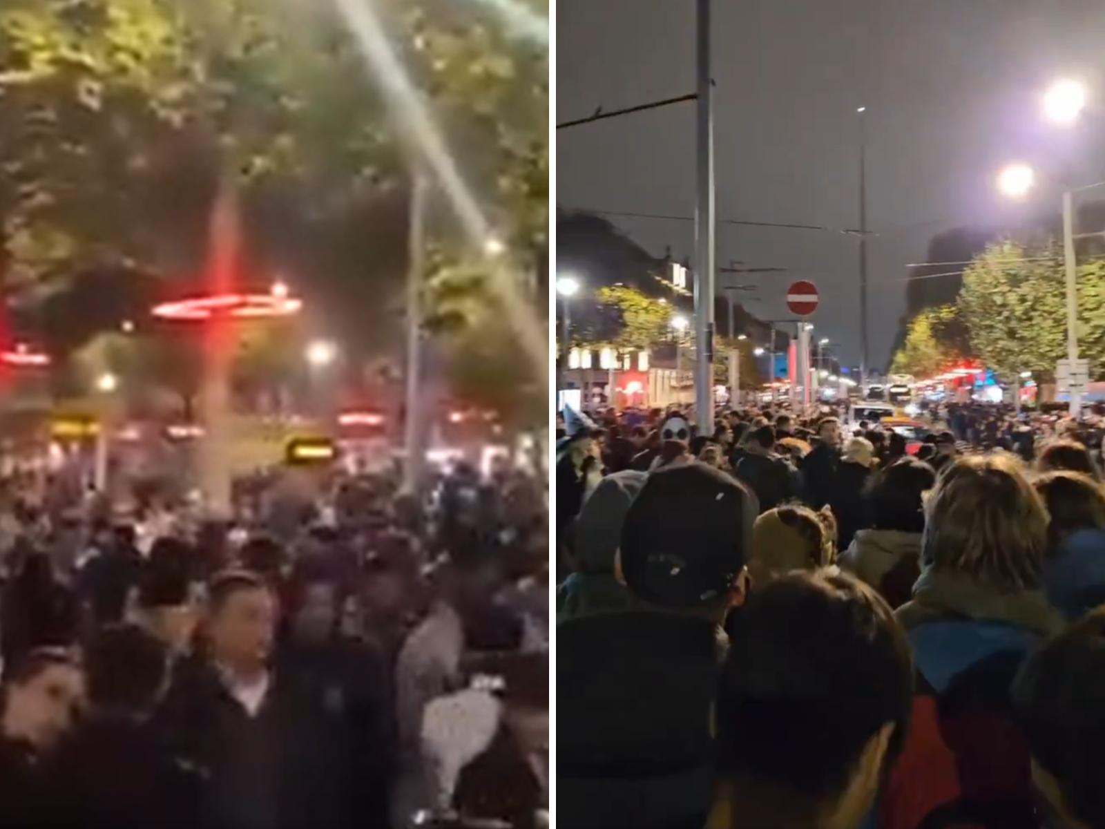 A split-screen showing people gathered on O’Connell Street for a hoax Halloween parade.