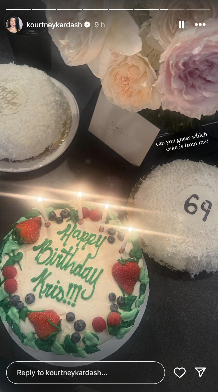 A screenshot of Kourtney Kardashian's Instastory. There are three cakes. One says "Happy birthday." Another says "69." A third says "Happy birthday Kris." The caption on-screen says "can you guess which cake is from me?"