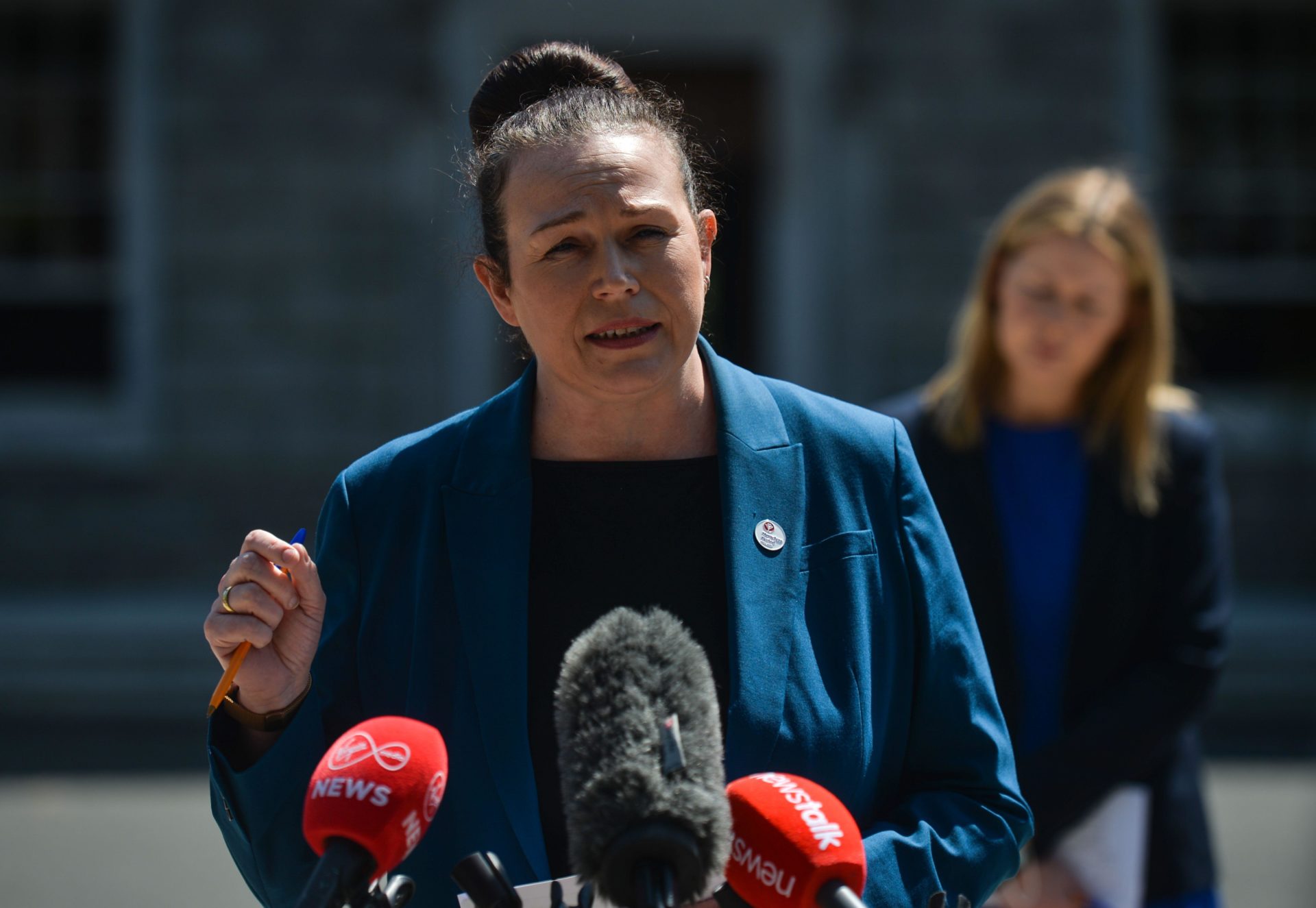 Louise O'Reilly, TD for the Dublin Fingal constituency, speaking to the media outside Leinster House in Dublin On Tuesday, 22 June 2021.