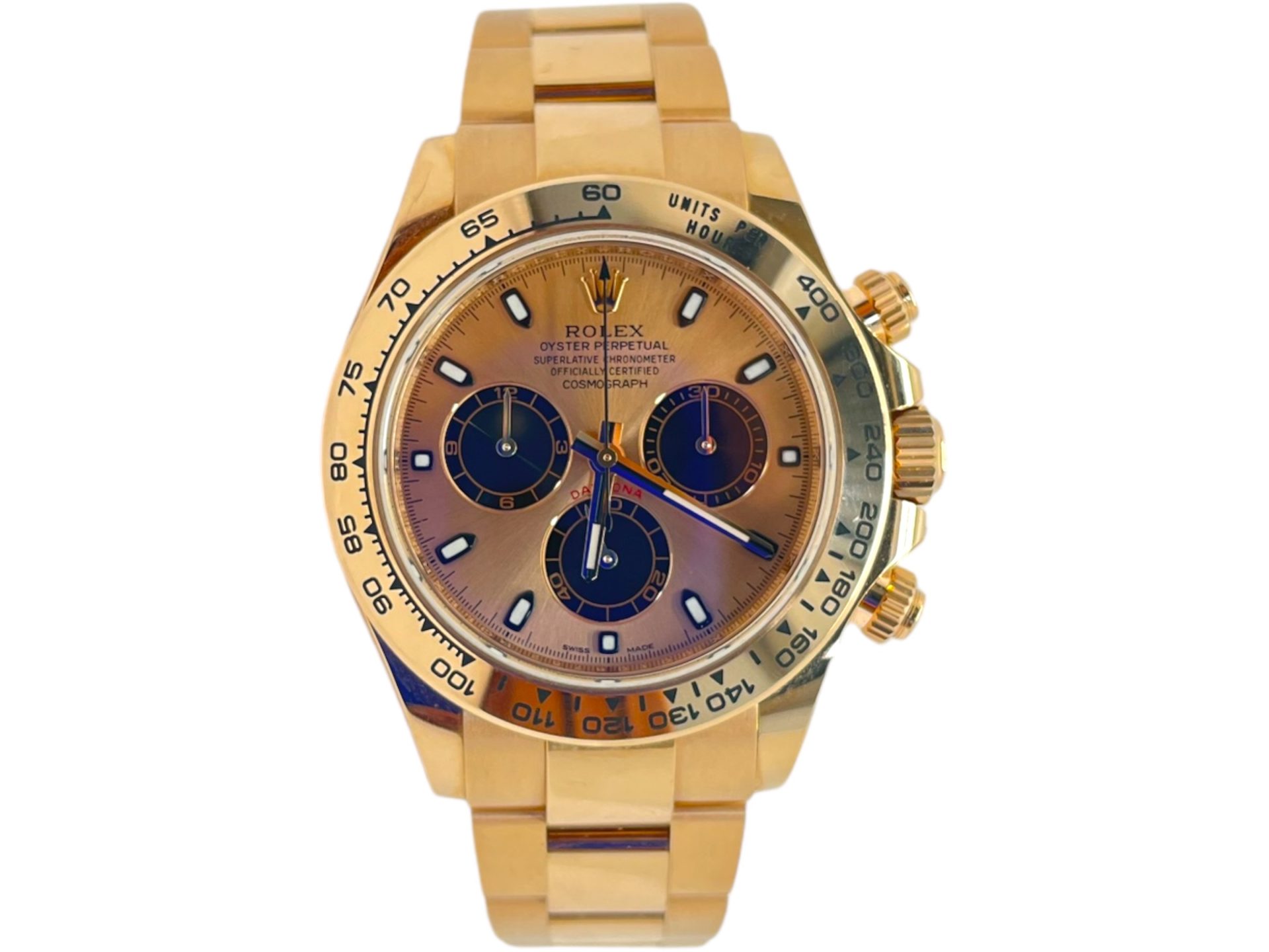 A gold Rolex Daytona watch.