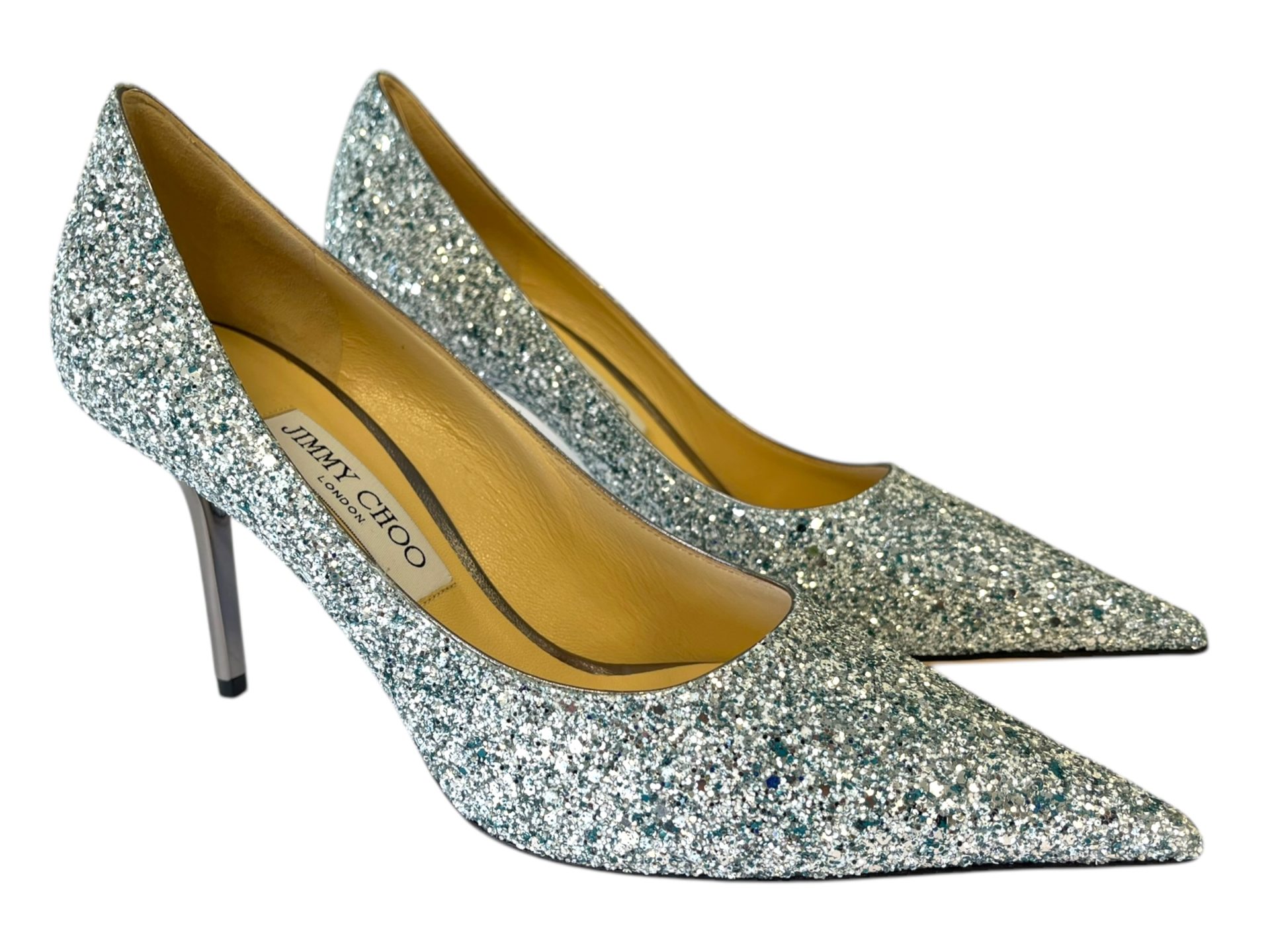 A pair of silver Jimmy Choo Love Pumps.