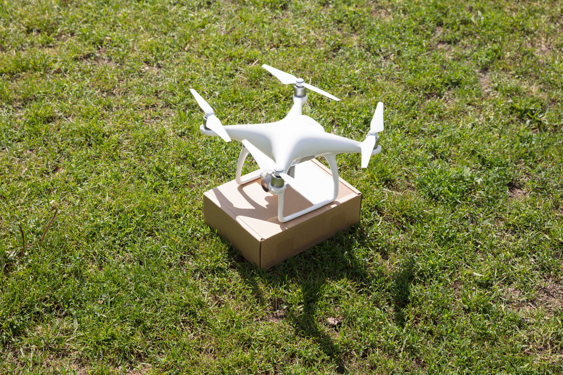 High angle view of drone successfully delivered parcel over grassy field, 