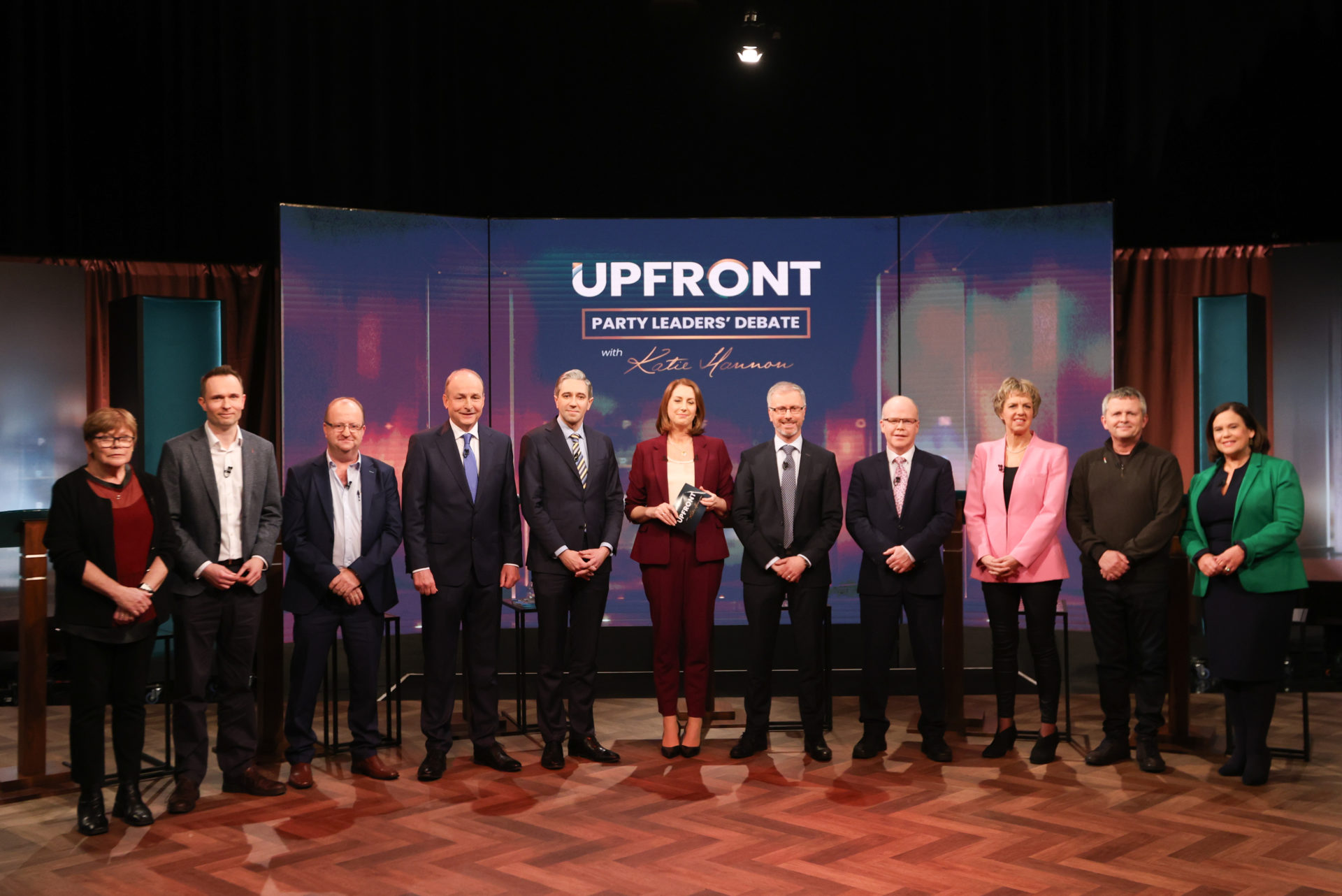 party leaders on-stage with Katie Hannon before the debate.