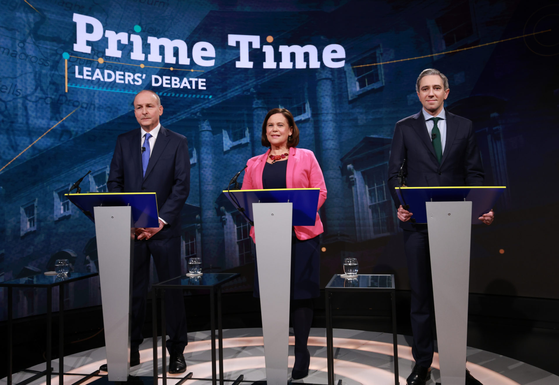 26/11/2024 Dublin Ireland. General Election. Fianna Fail party leader Micheal Martin with Sinn Fein's Mary Lou McDonald and Fine Gael's Simon Harris at RT for the Prime Time LeadersÕ Debate. Photo: Leah Farrell/© RollingNews.ie