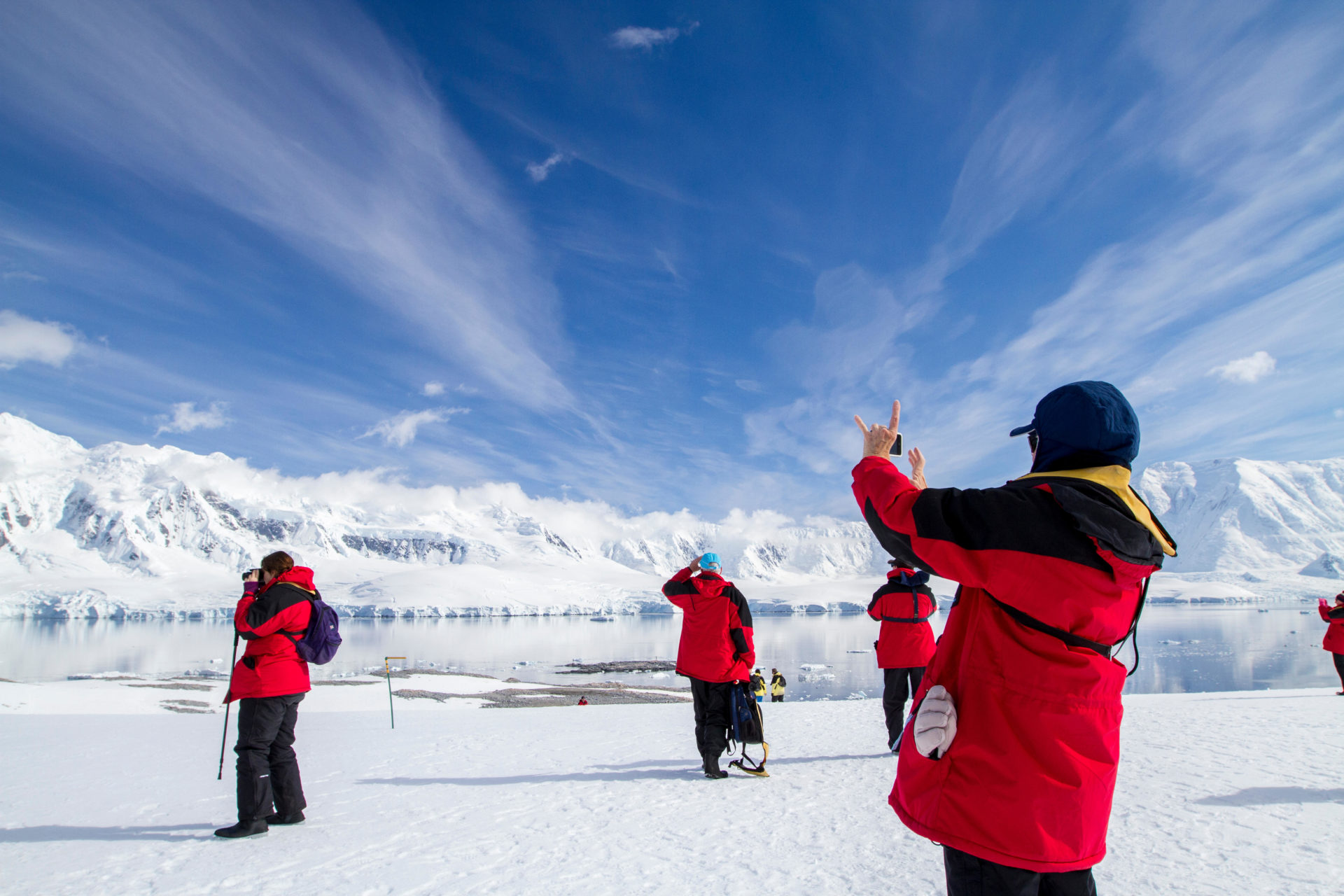 ruise ship Antarctica expedition with tourists view Antarctic landscape, Antarctic Peninsula.