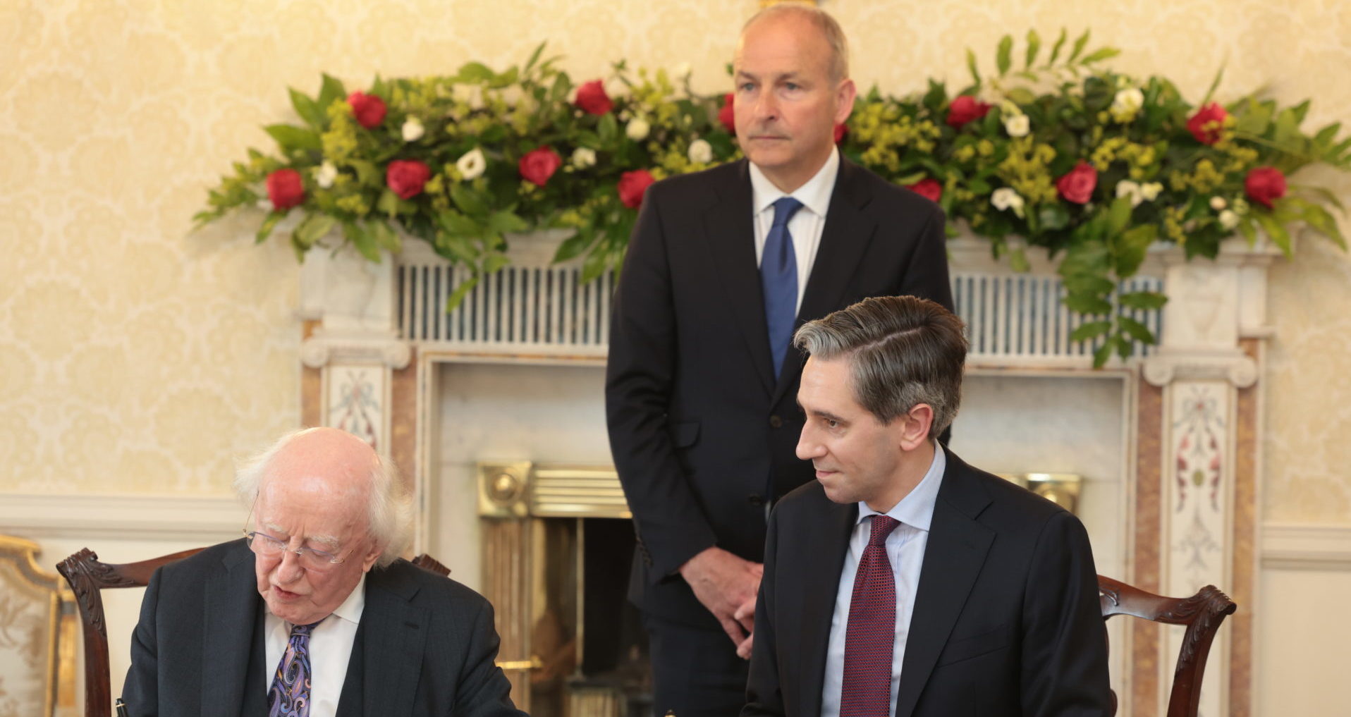 President Higgins with Micheál Martin and Simon Harris. Picture by Rolling News.ie