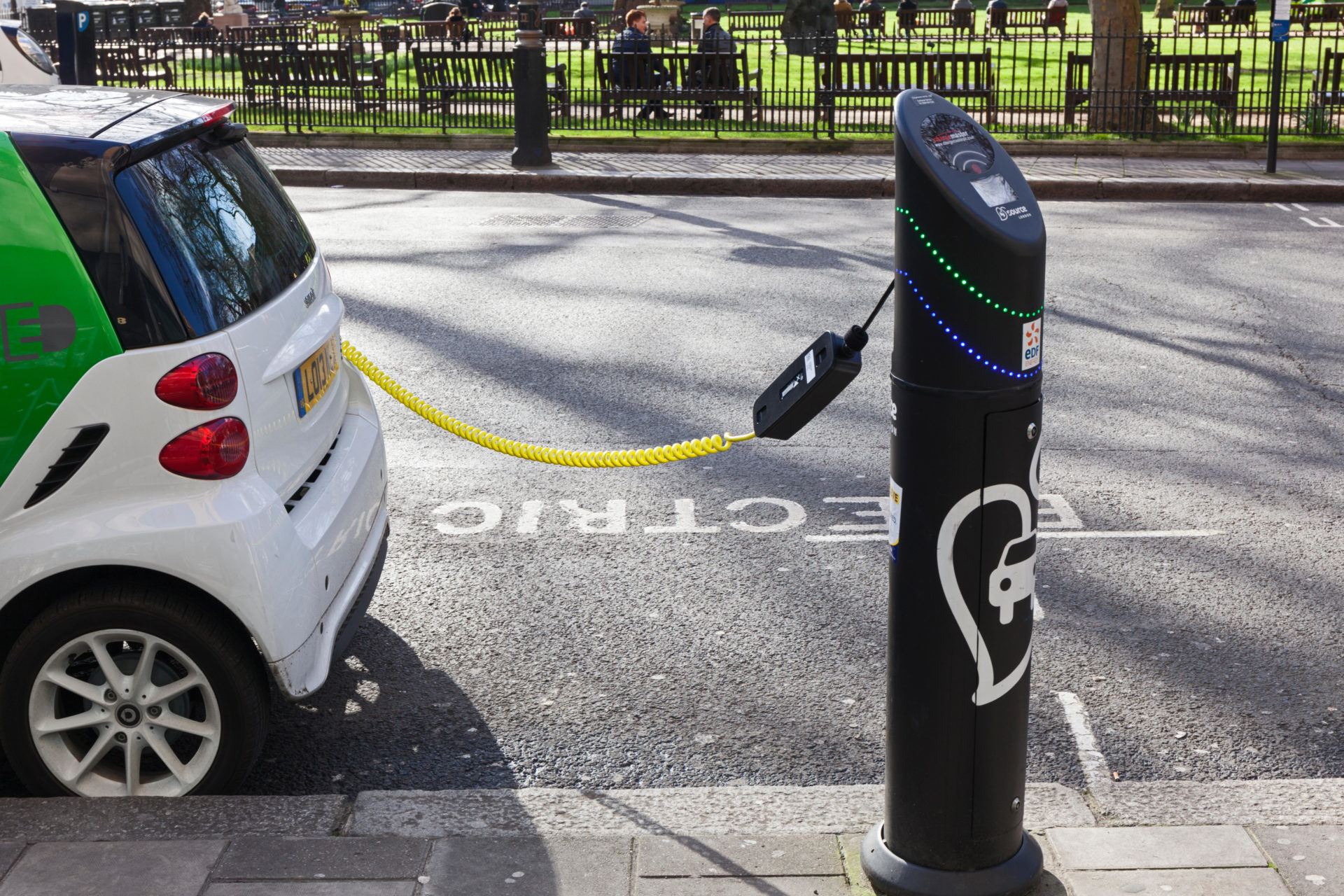 An electric car charging in London