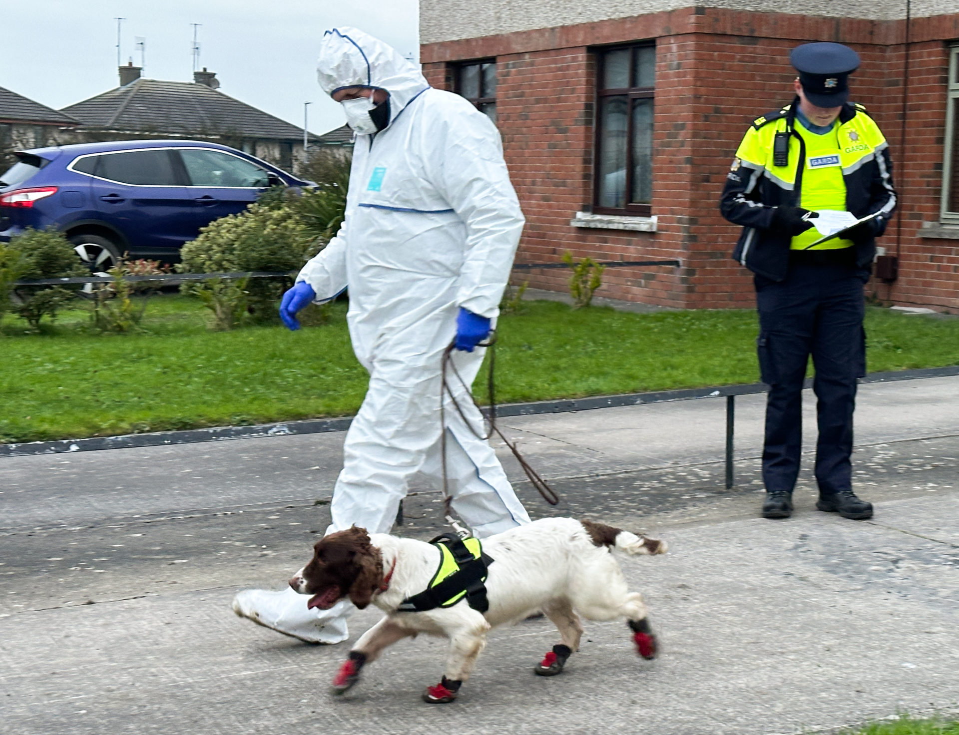 Searches are ongoing at a property in Drogheda, supported by forensic teams and a cadaver dog, as Gardaí seek evidence on Kyran Durnin’s whereabouts or fate. Gardaí have arrested a man on suspicion of the murder of eight-year-old Kyran, whose disappearance in 2022 was upgraded to a murder investigation in October. Photo shows: Gardai search a property in Beechwood, Drogheda, with the assistance of a cadaver dog. Photograph: Eamonn Farrell / © RollingNews.ie