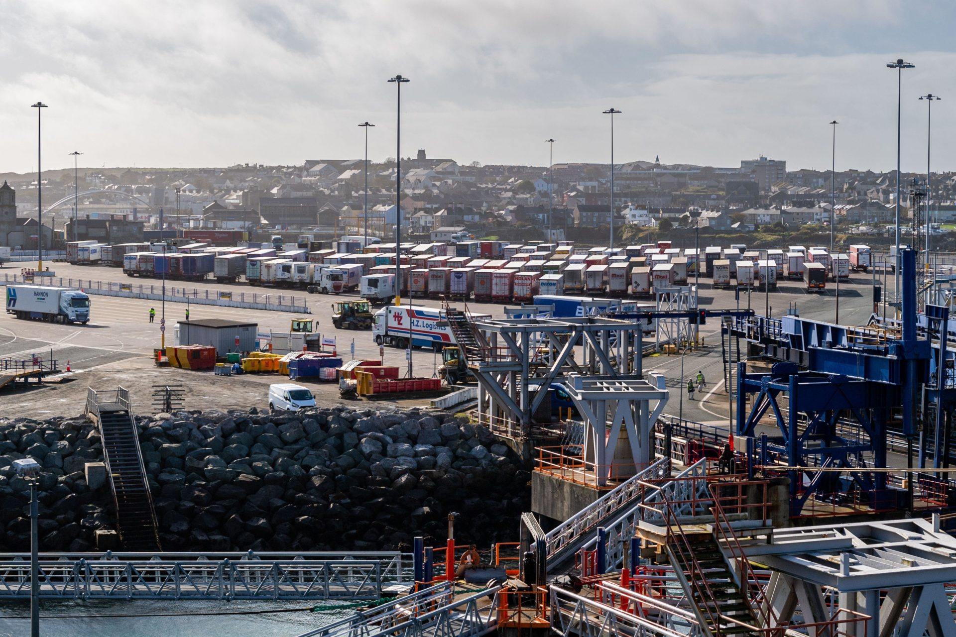 Lorries and trailers at Holyhead Port, North Wales, UK. Image: Alamy