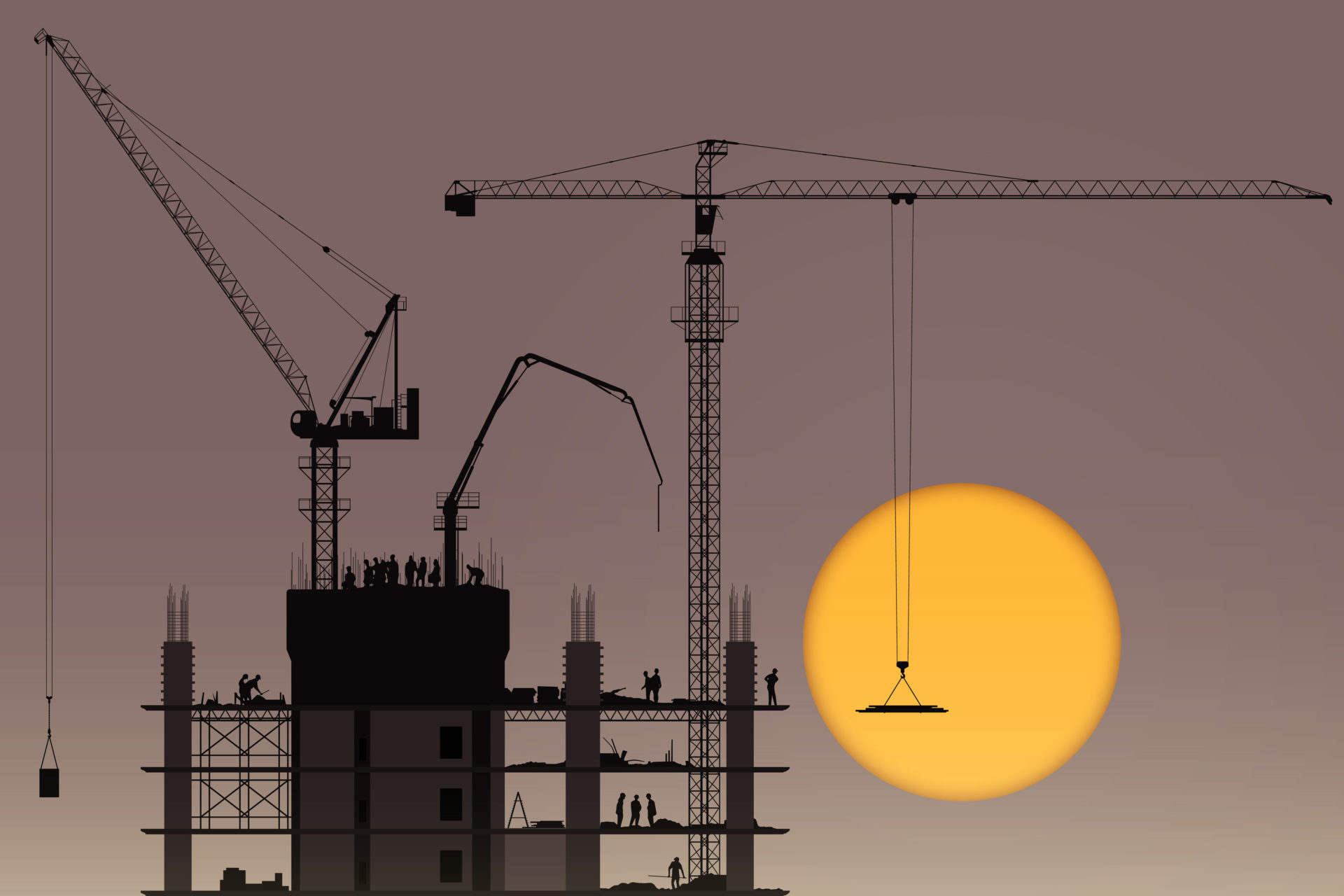 Image shows a Construction Site with Tower Cranes.