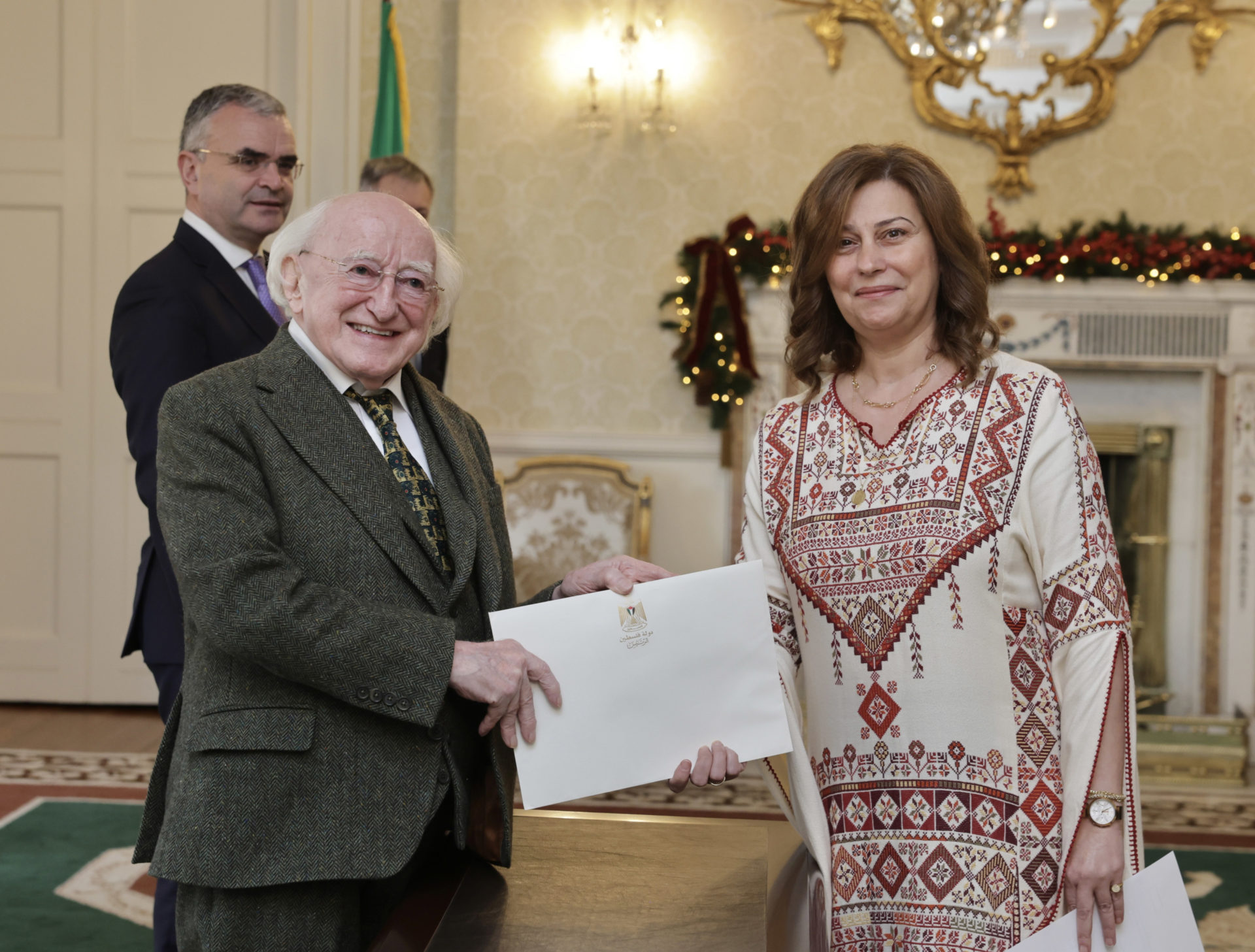 Presentation of Credentials to President Higgins by the first appointment of the Republic of Ireland's first full ambassador from Palestine, Dr Jilan Wahba Abdalmajid…  Pic shows President Higgins with Dr Jilan Wahba Abdalmajid during presentation of Credentials as being the first full Ambassador to Ireland from the State of Palestine at a ceremony in Aras an Uachtarain.    Pic Maxwell’s - No Repro Fee.   17-12-24