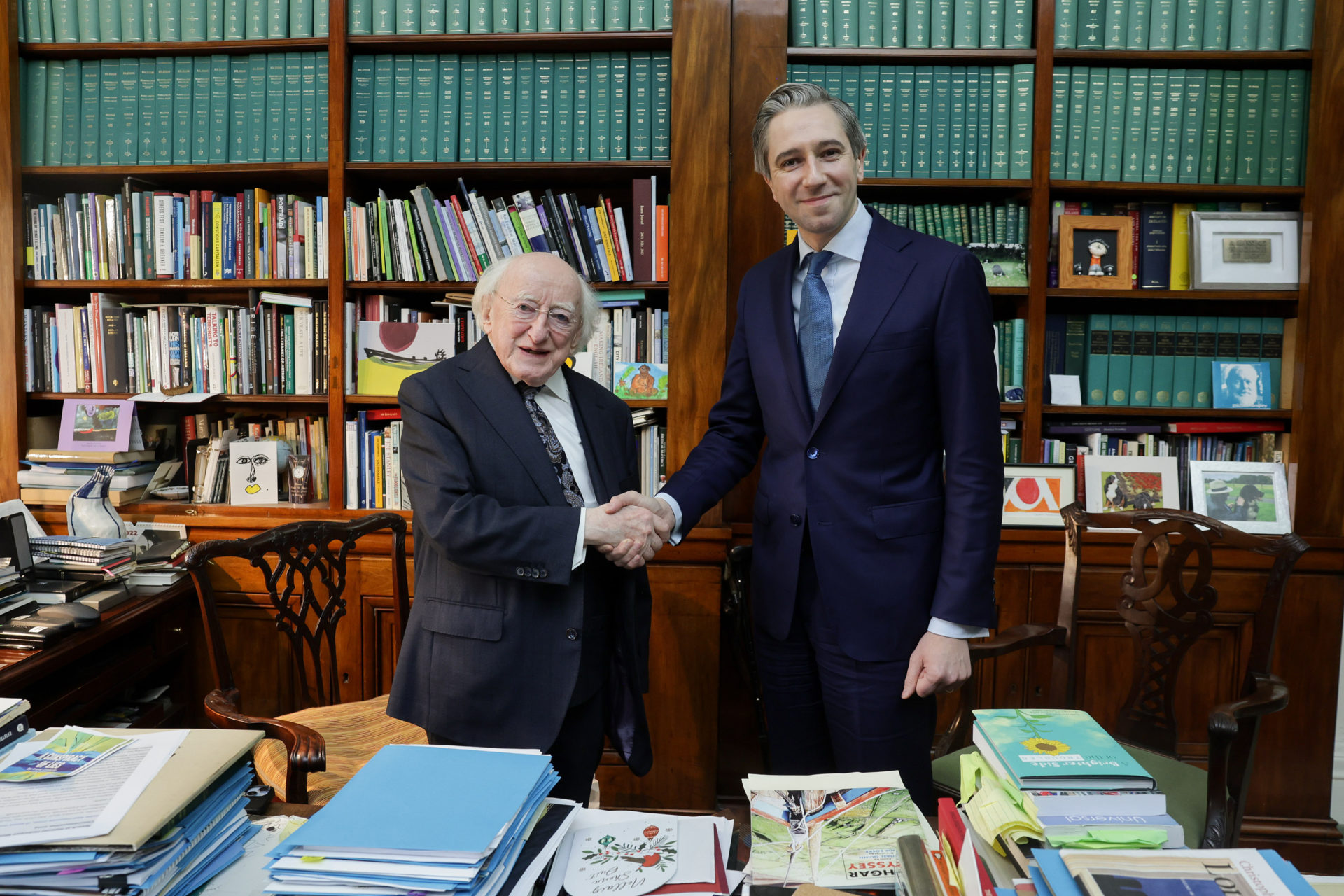 Pic shows President Higgins with Simon Harris who resigned as Taoiseach in Aras an Uachtarain. 18-12-24 Pic Maxwell’s