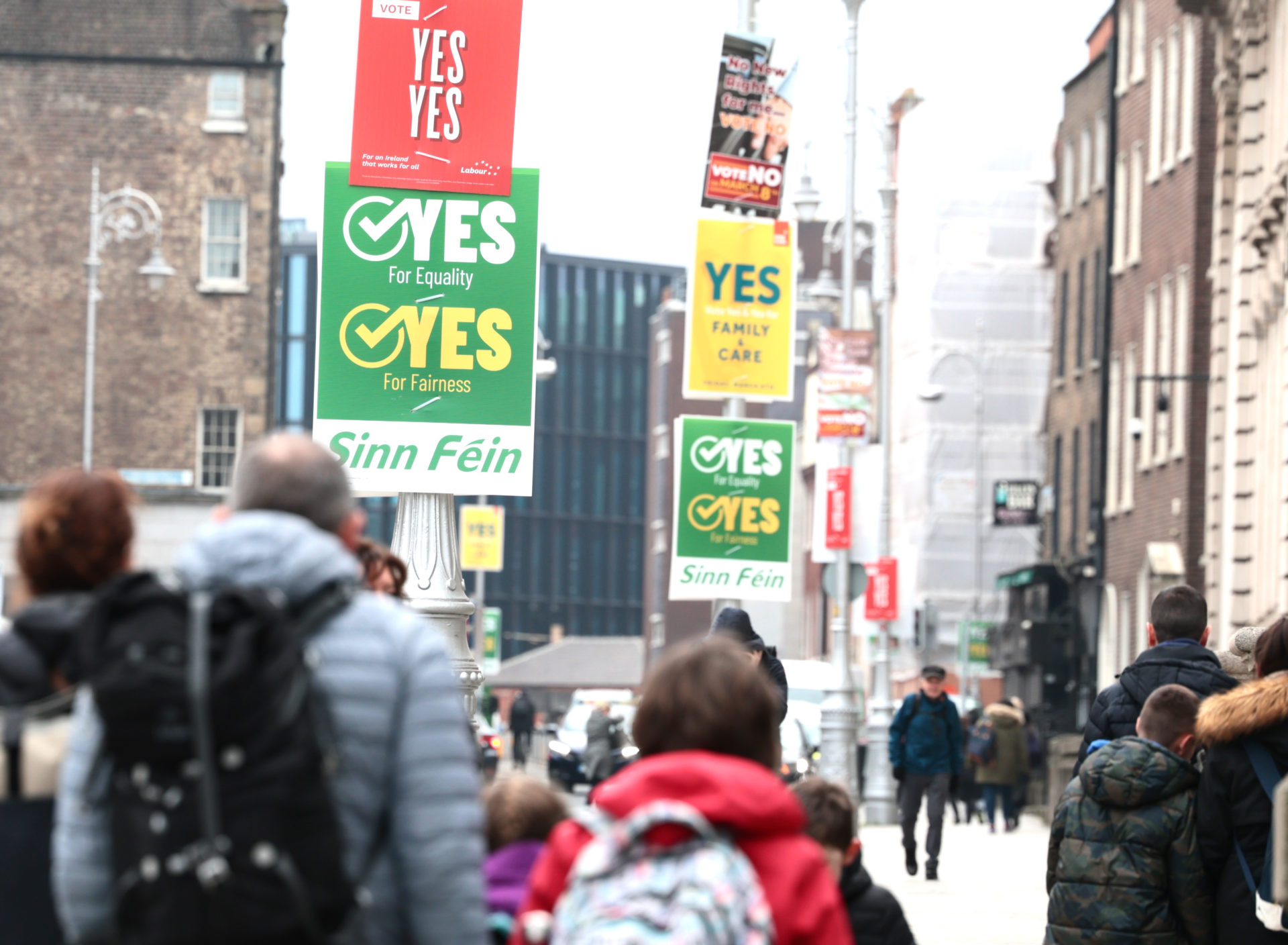 Posters calling on members of the publi to vote Yes or No in todays Family and Care referendums, outside Government Buildings. 