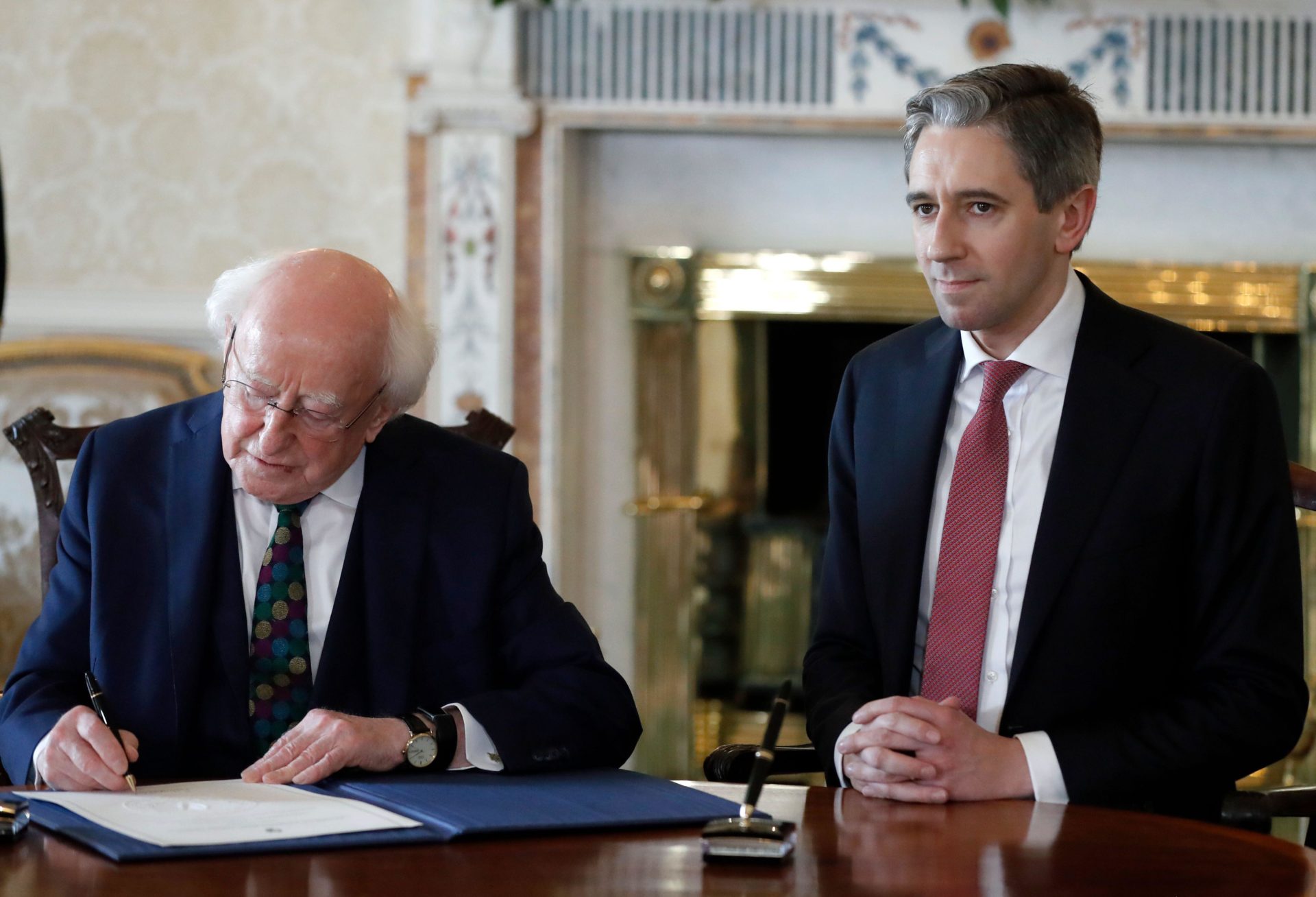 New Fine Gael leader Simon Harris at Aras an Uachtarain meeting the President of Republic of Ireland Michael D Higgins to receive the seal of office after being appointed Ireland's new Taoiseach.