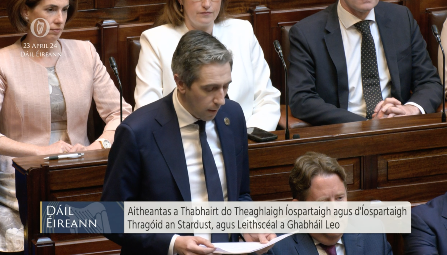 Taoiseach Simon Harris apologising to families for the Stardust tragedy. 