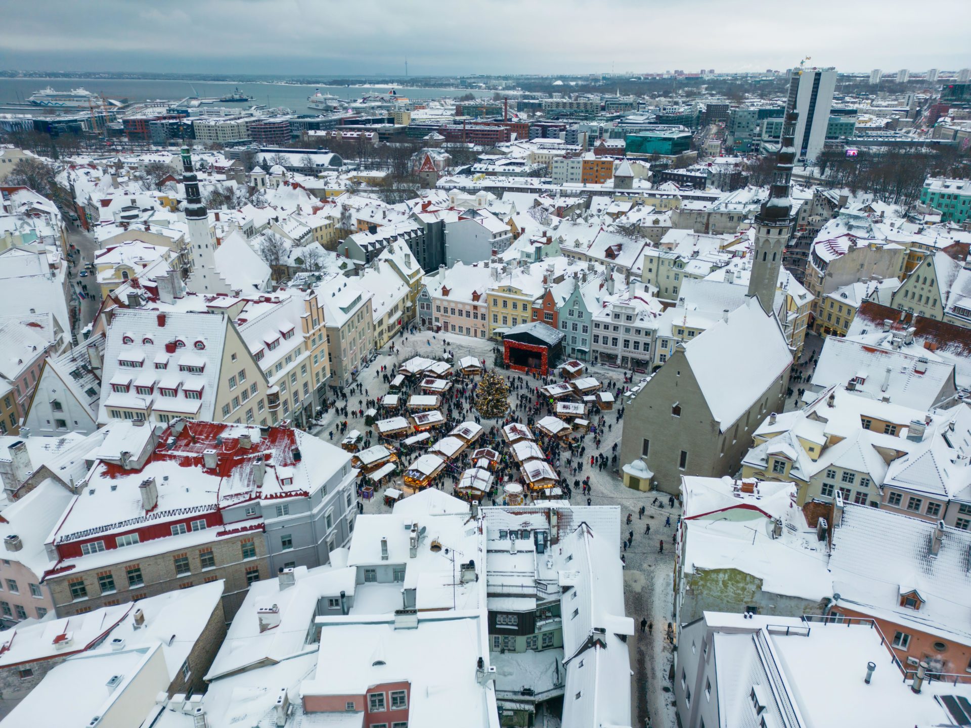 Aerial View of the Christmas Market in Tallinn Old Town, Estonia.