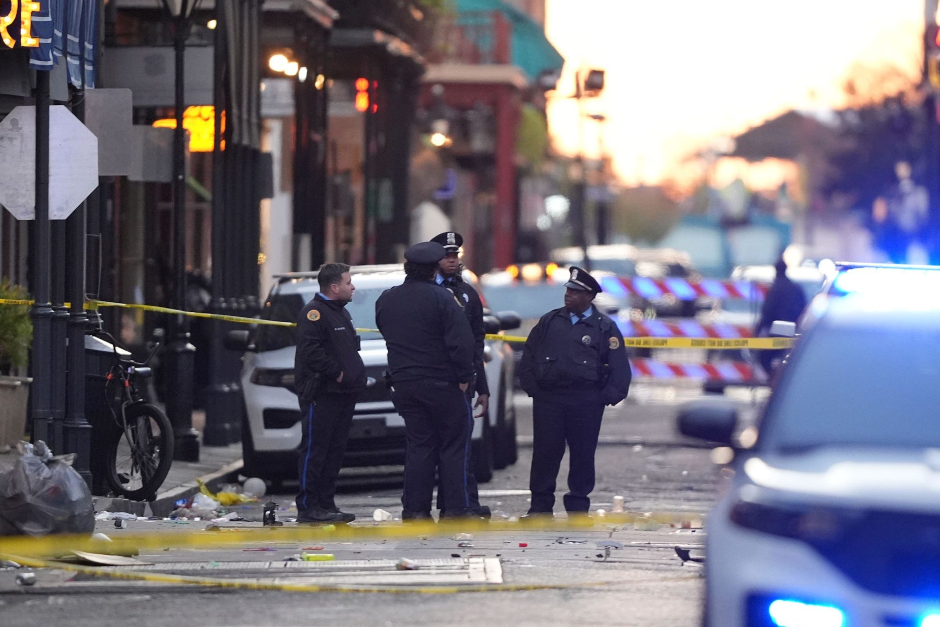 Emergency services attend the scene on Bourbon Street after a vehicle drove into a crowd on New Orleans' Canal and Bourbon Street, Wednesday Jan. 1, 2025.