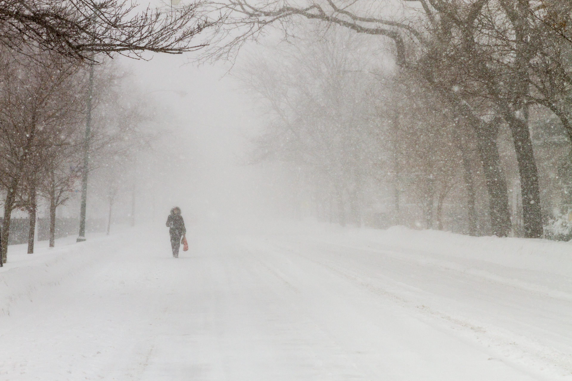 Blizzard in Chicago with empty street and single person walking during snow storm.