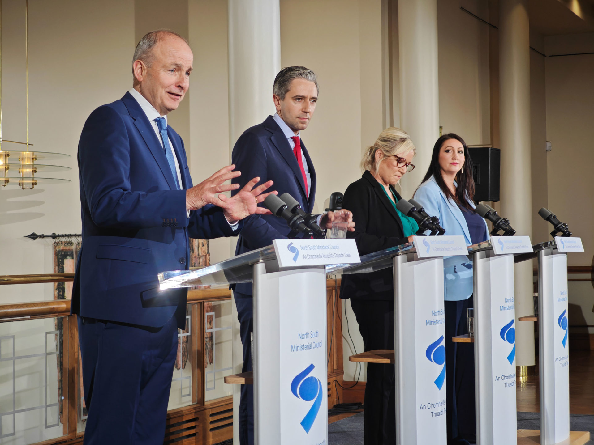 Image shows: (l to r) Micheál Martin, Simon Harris, First Minister Michelle O’Neill and Deputy First Minister Emma Little-Pengelly. 