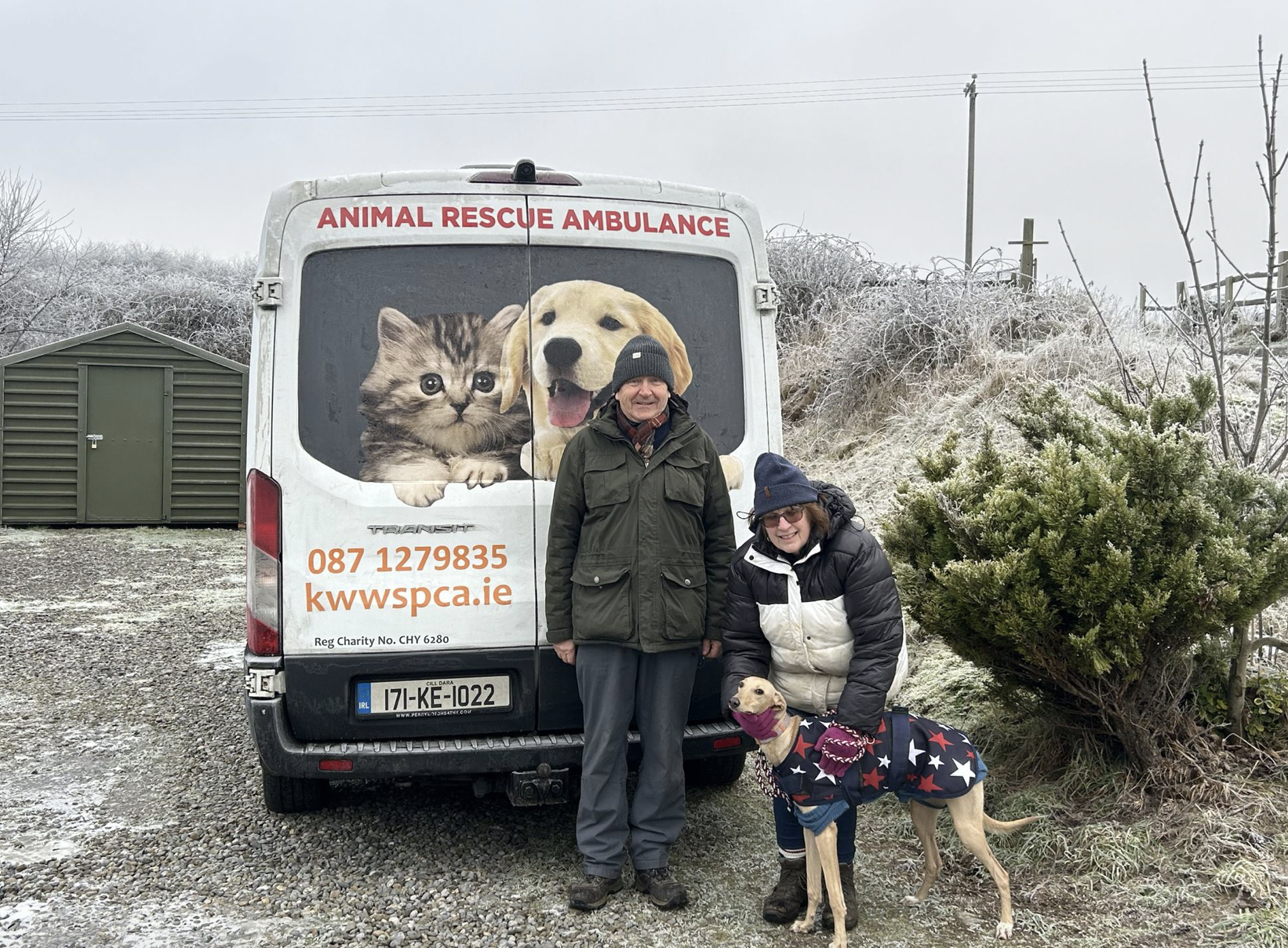 Volunteers with a greyhound at the KWWSPCA