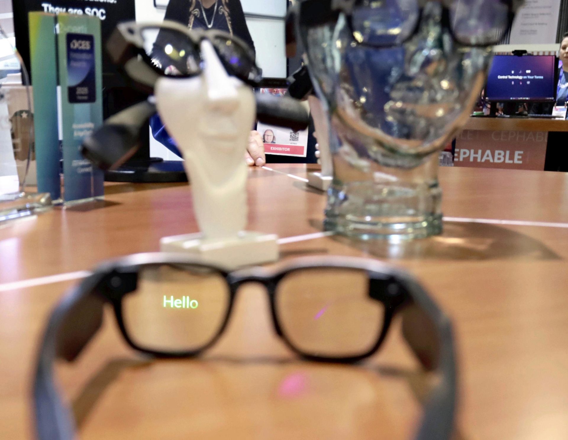 XanderGlasses are displayed at the CES tech event in Las Vegas, Nevada, the United States, on January 9, 2025. The glasses transcribe the conversation into text and display it like subtitles.