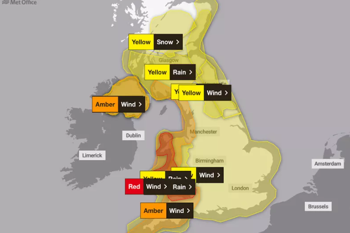 An example of the UK weather warning system map during Storm Darragh. 