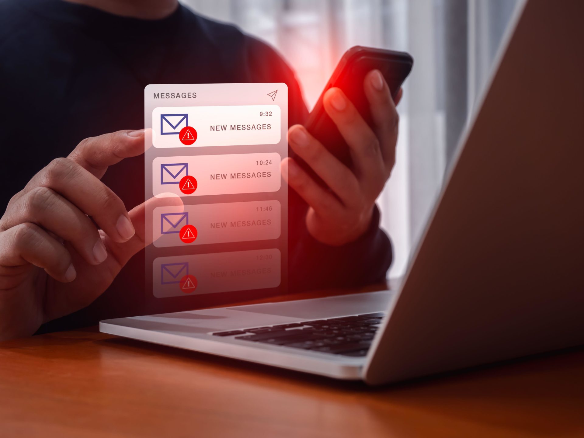 A person uses a phone and a laptop while notifications visually pop up