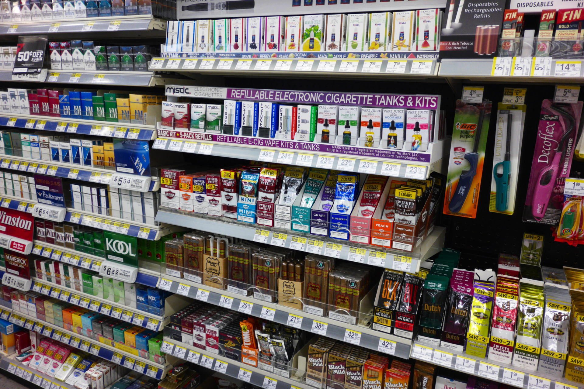 Tobacco and nicotine products on display for retail sale at a drugstore.