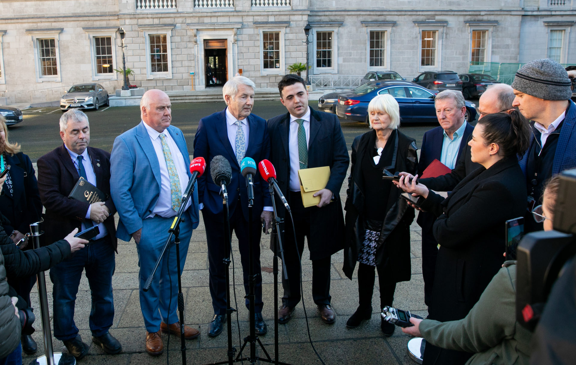 15/01/2025 Members of the Regional Independents Group L to R Kevin 'Boxer' Moran TD Noel Grealish TD Michael Lowry TD Barry Heneghan TD Marian Harkin TD Sean Canney TD during a media brieifng on Government formation at Leinster House, Dublin.