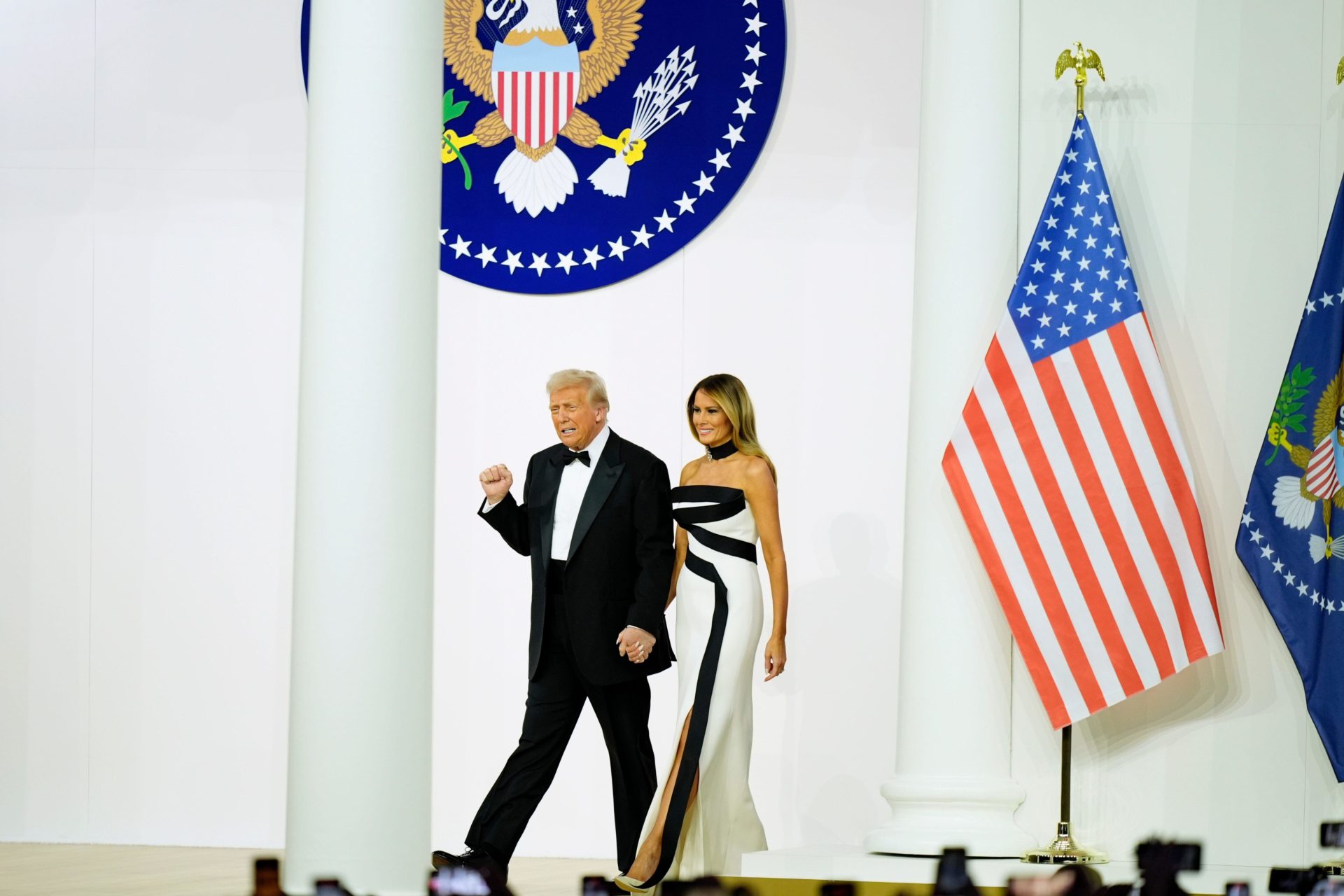 2S84K87 President Donald Trump, left, and first lady Melania Trump arrive at the Commander in Chief Ball, Monday, Jan. 20, 2025, in Washington. (AP Photo/Alex Brandon)